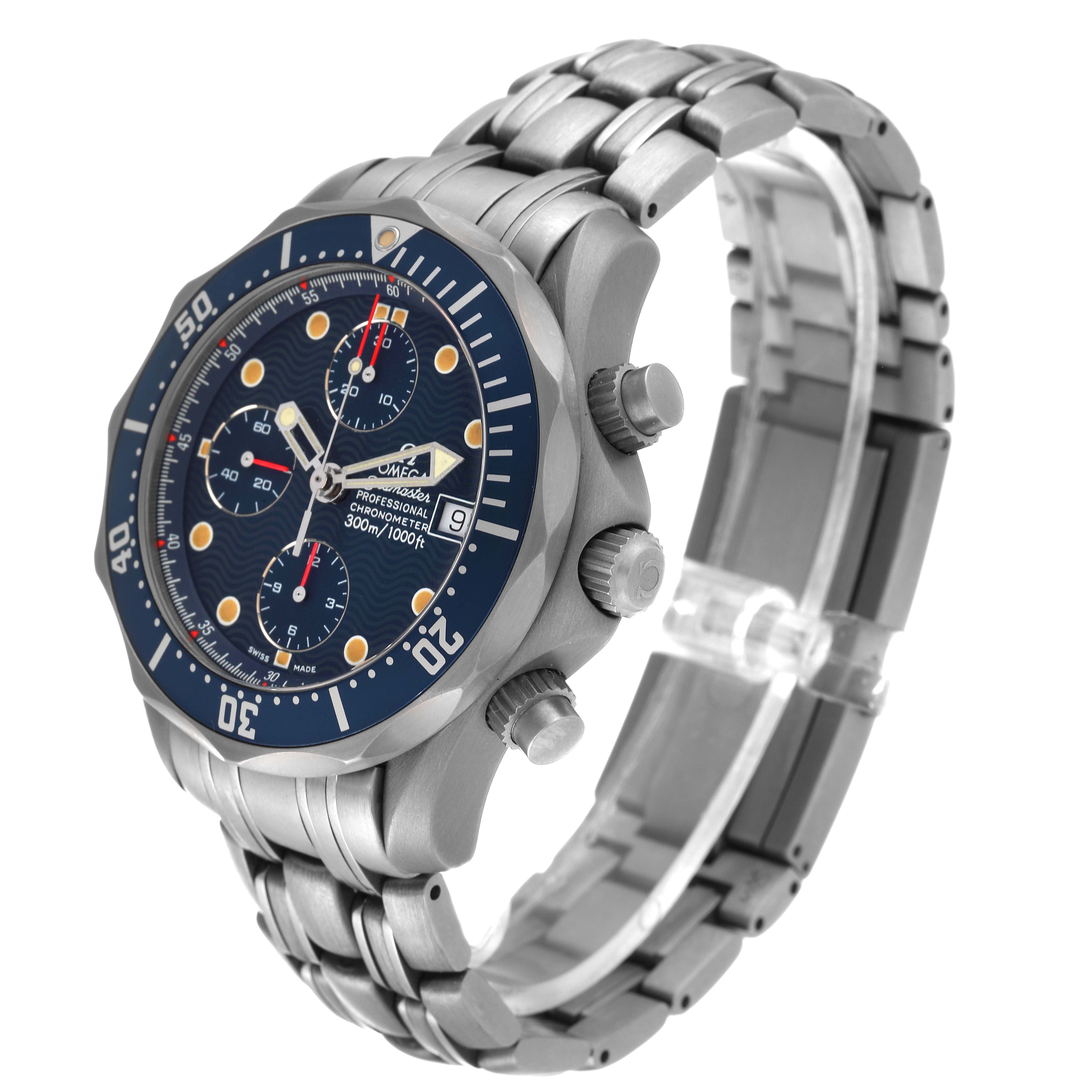 The Omega Seamaster 2298.80.00 Men's Titanium Blue Dial 2298.80.00 Men's Titanium Blue Dial watch is shown at a 3/4 angle, displaying the face, dials, bezel, crown, and bracelet.