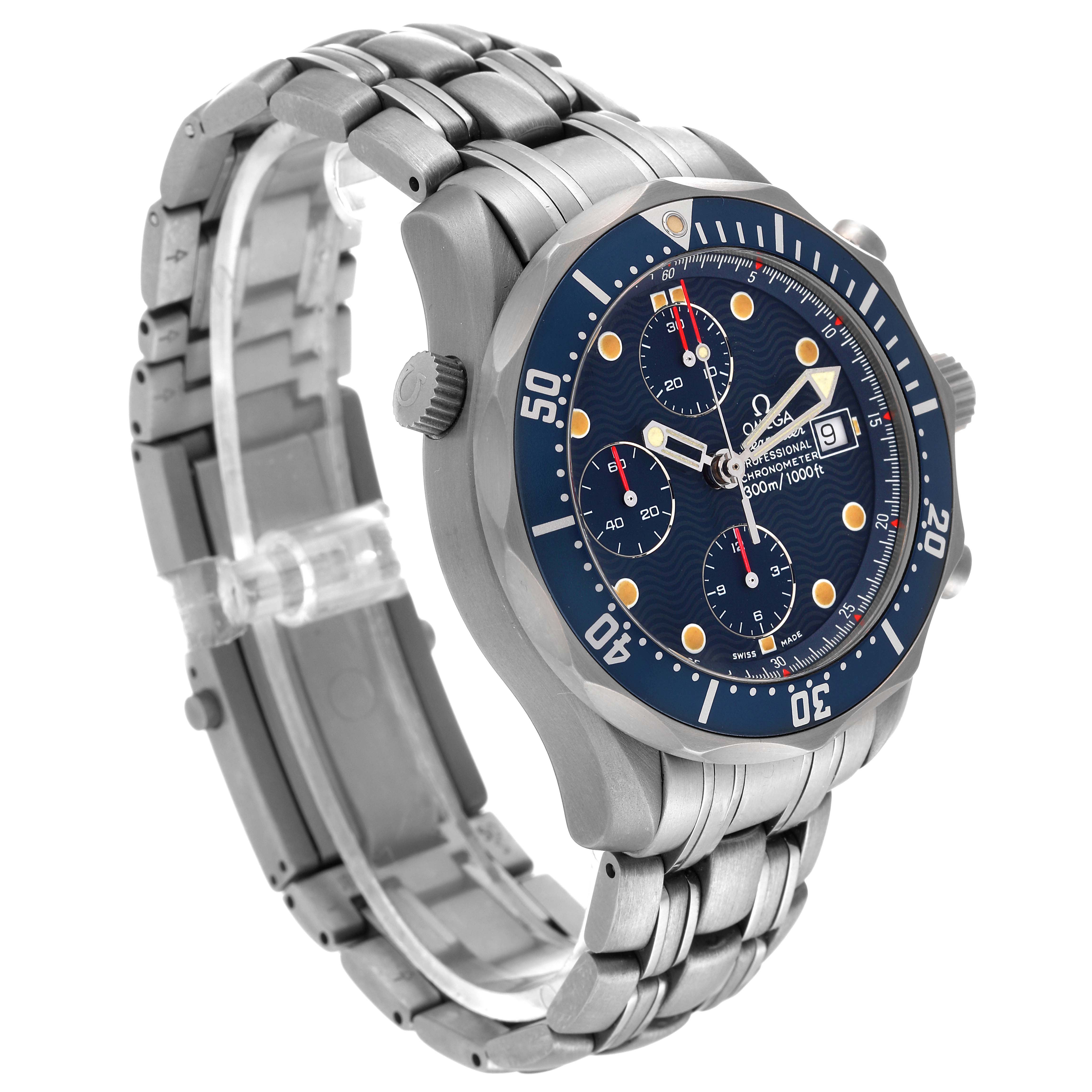 The image shows an Omega Seamaster 2298.80.00 Men's Titanium Blue Dial 2298.80.00 Men's Titanium Blue Dial watch at a three-quarter angle, highlighting its face, bezel, crown, and metal bracelet.