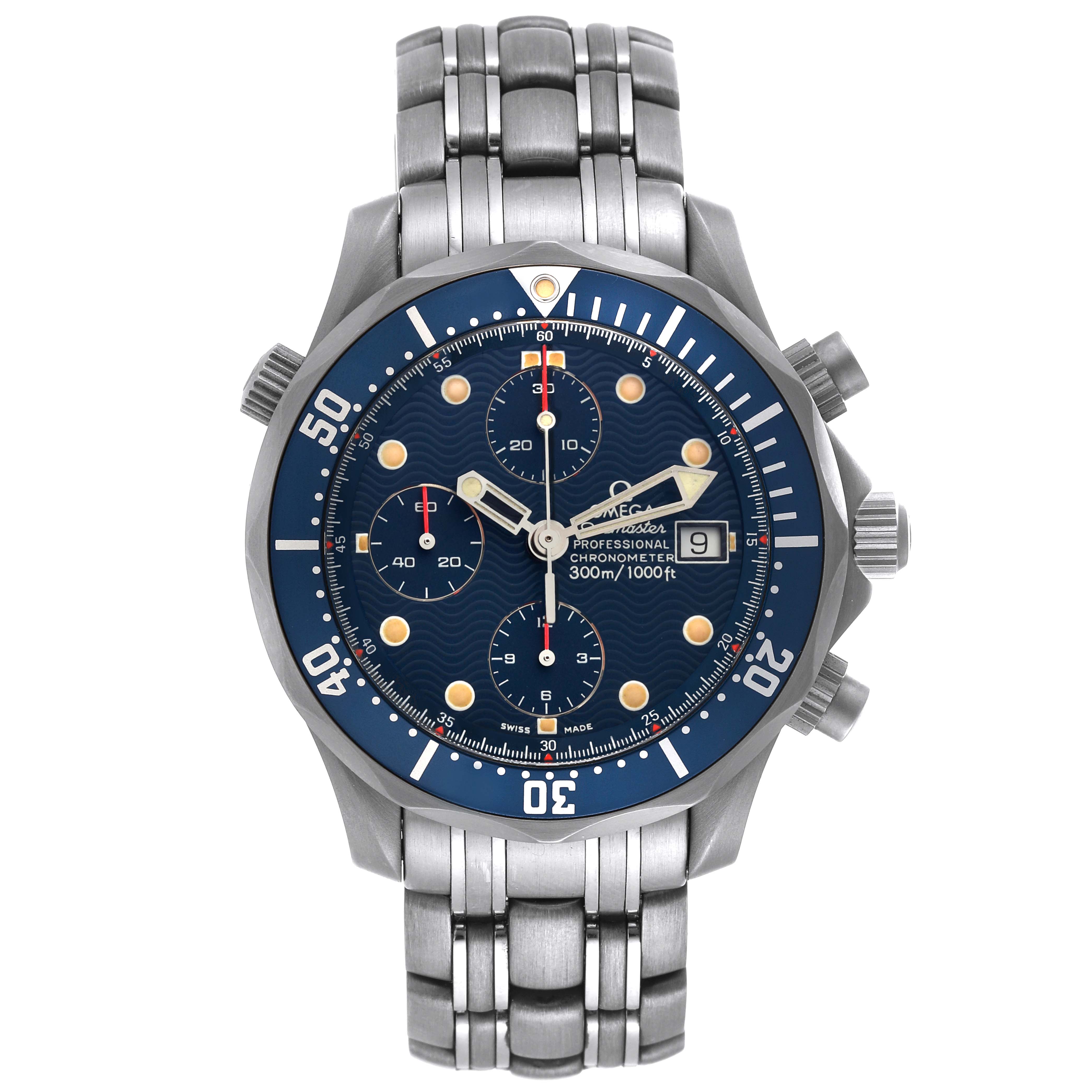 The image shows a front view of an Omega Seamaster 2298.80.00 Men's Titanium Blue Dial 2298.80.00 Men's Titanium Blue Dial watch displaying its dial, bezel, bracelet, and pushers.