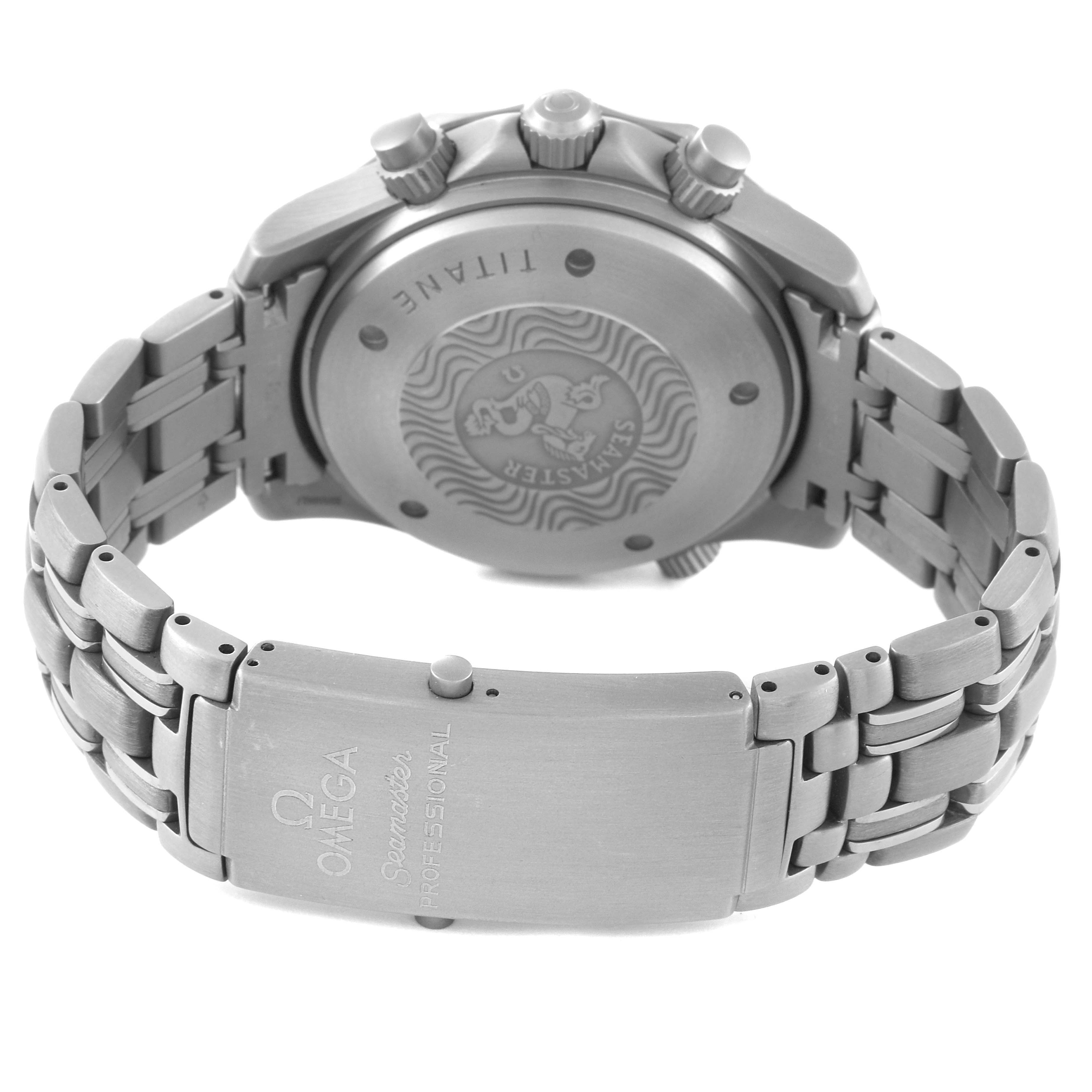 The image shows the back view and clasp of an Omega Seamaster 2298.80.00 Men's Titanium Blue Dial 2298.80.00 Men's Titanium Blue Dial watch, detailing the bracelet and case back.