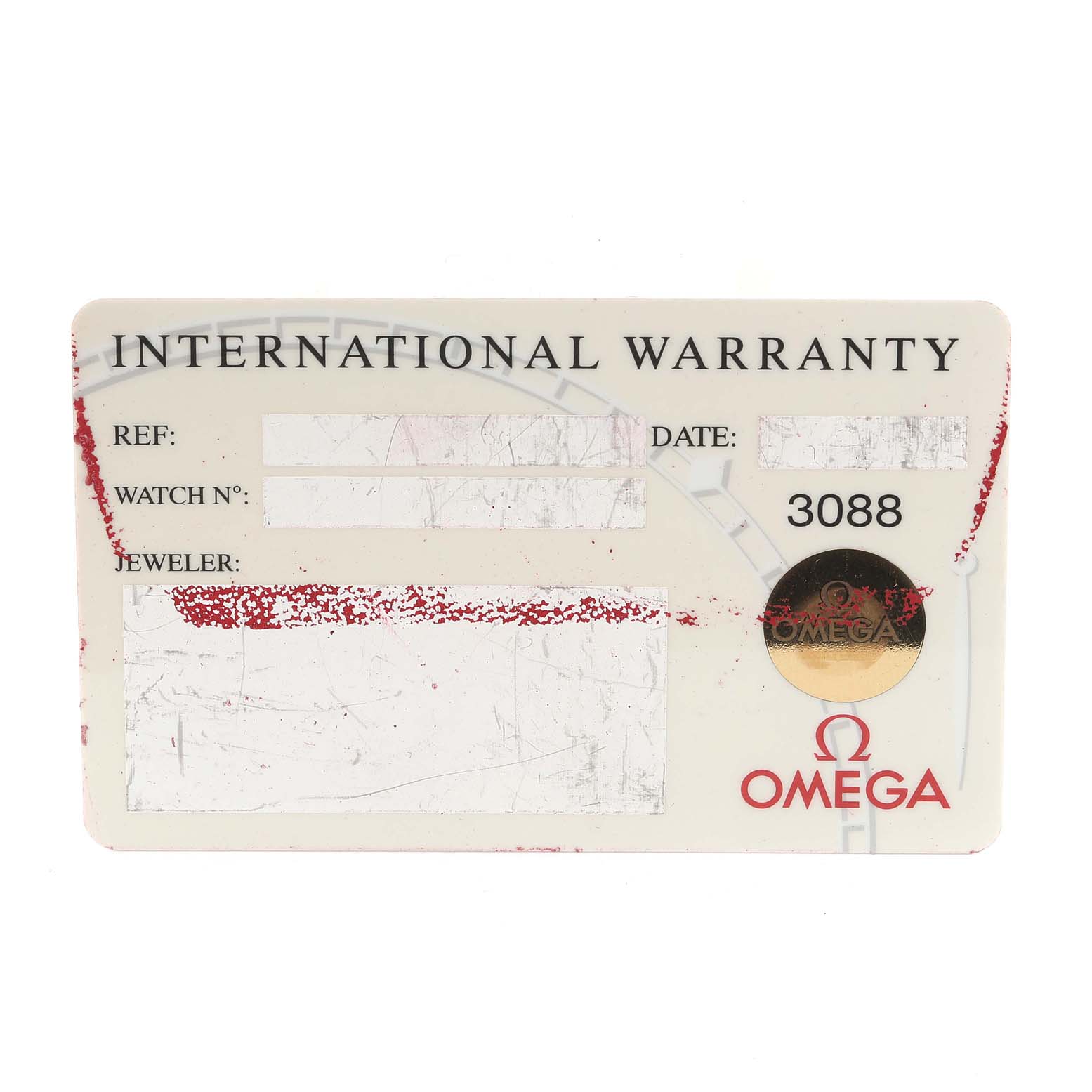 The image shows the international warranty card for the Omega Seamaster 2298.80.00 Men's Titanium Blue Dial 2298.80.00 Men's Titanium Blue Dial watch.