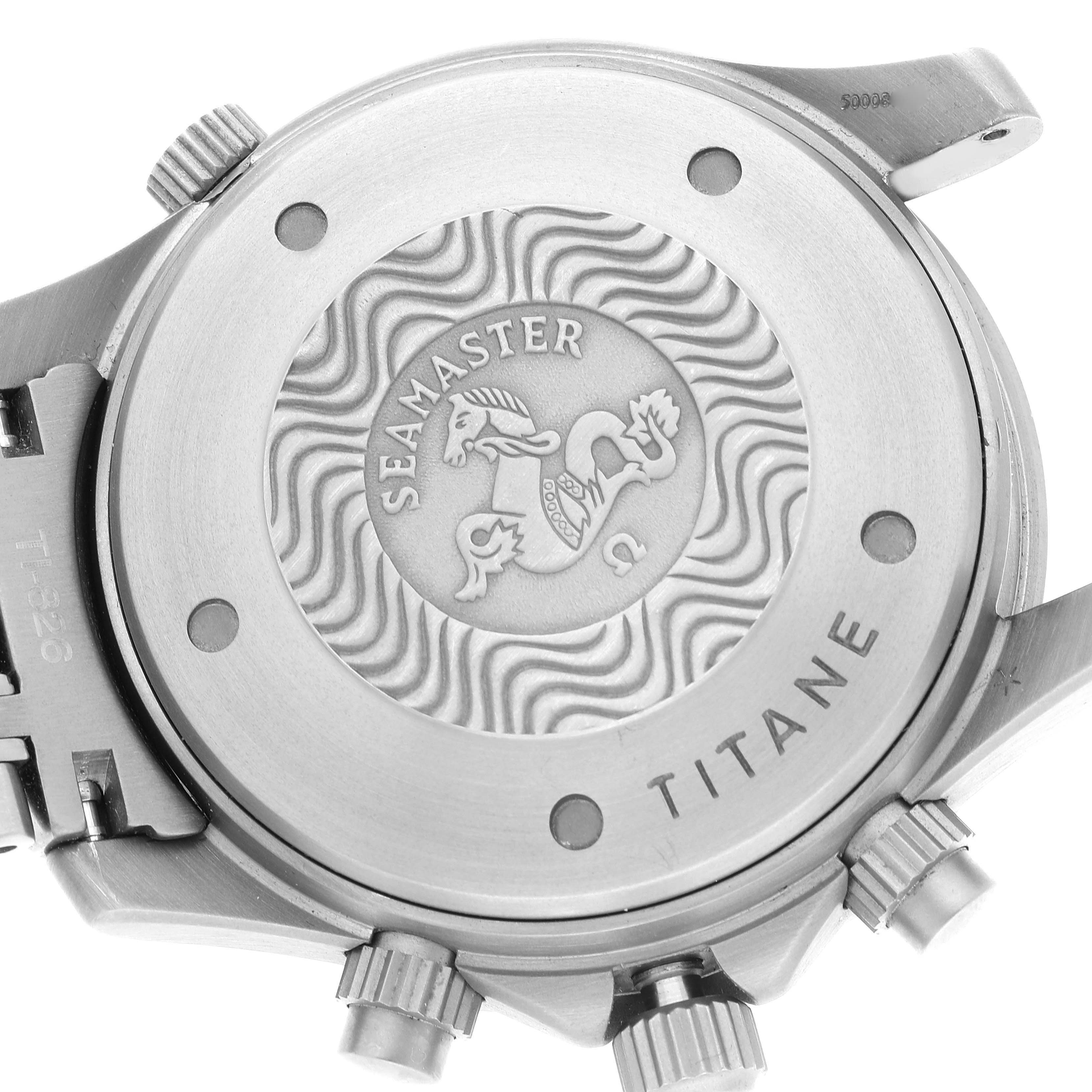 This image shows the back case of the Omega Seamaster 2298.80.00 Men's Titanium Blue Dial 2298.80.00 Men's Titanium Blue Dial watch, highlighting the "Seamaster" emblem and the word "TITANE."