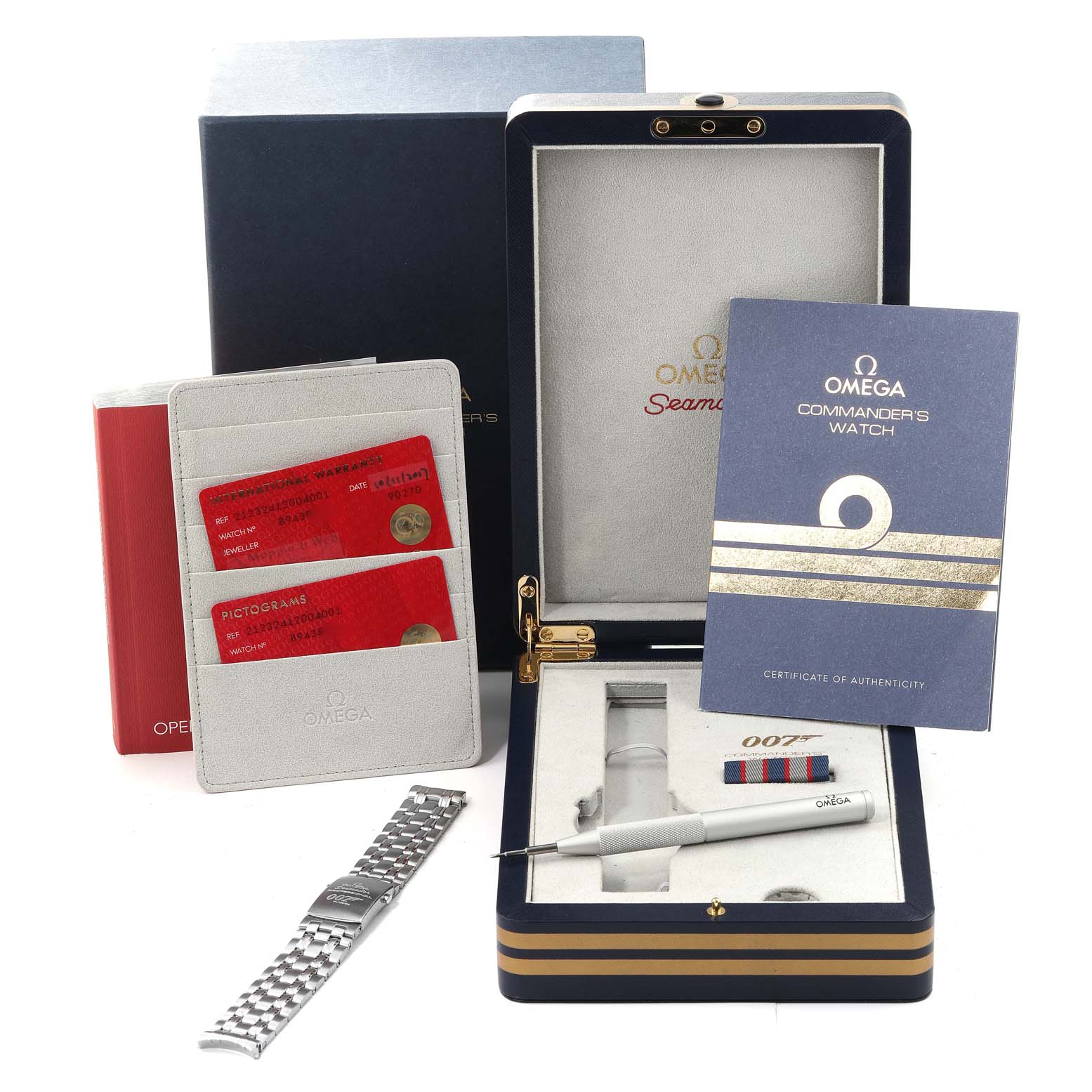 The image shows the accessories of the Omega Seamaster 212.32.41.20.04.001 Men's Stainless Steel White Dial 212.32.41.20.04.001 Men's Stainless Steel White Dial watch, including a case, warranty cards, booklet, bracelet, tool, and authenticity certificate.