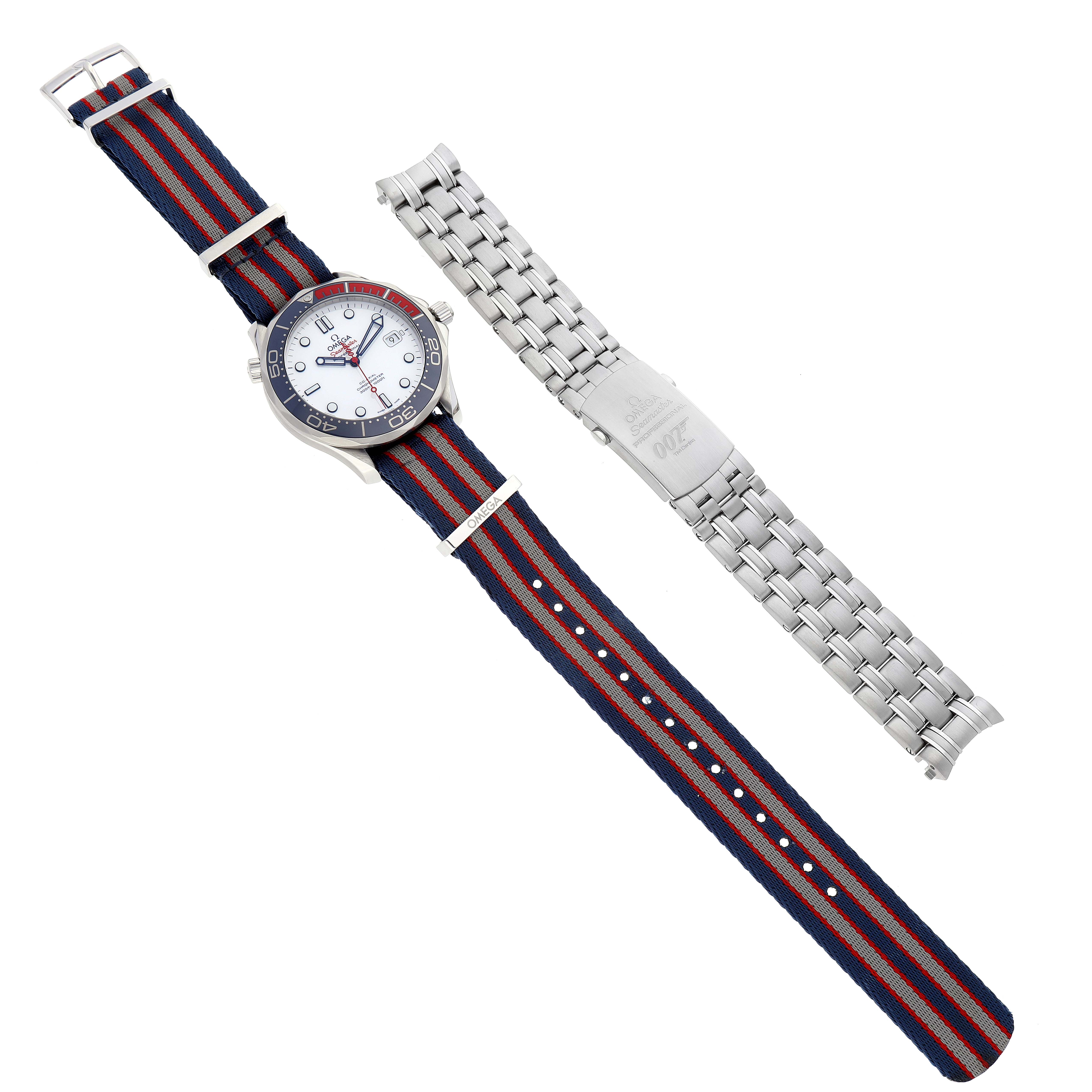 The image shows an Omega Seamaster 212.32.41.20.04.001 Men's Stainless Steel White Dial 212.32.41.20.04.001 Men's Stainless Steel White Dial watch with a striped NATO strap, alongside a stainless steel bracelet.