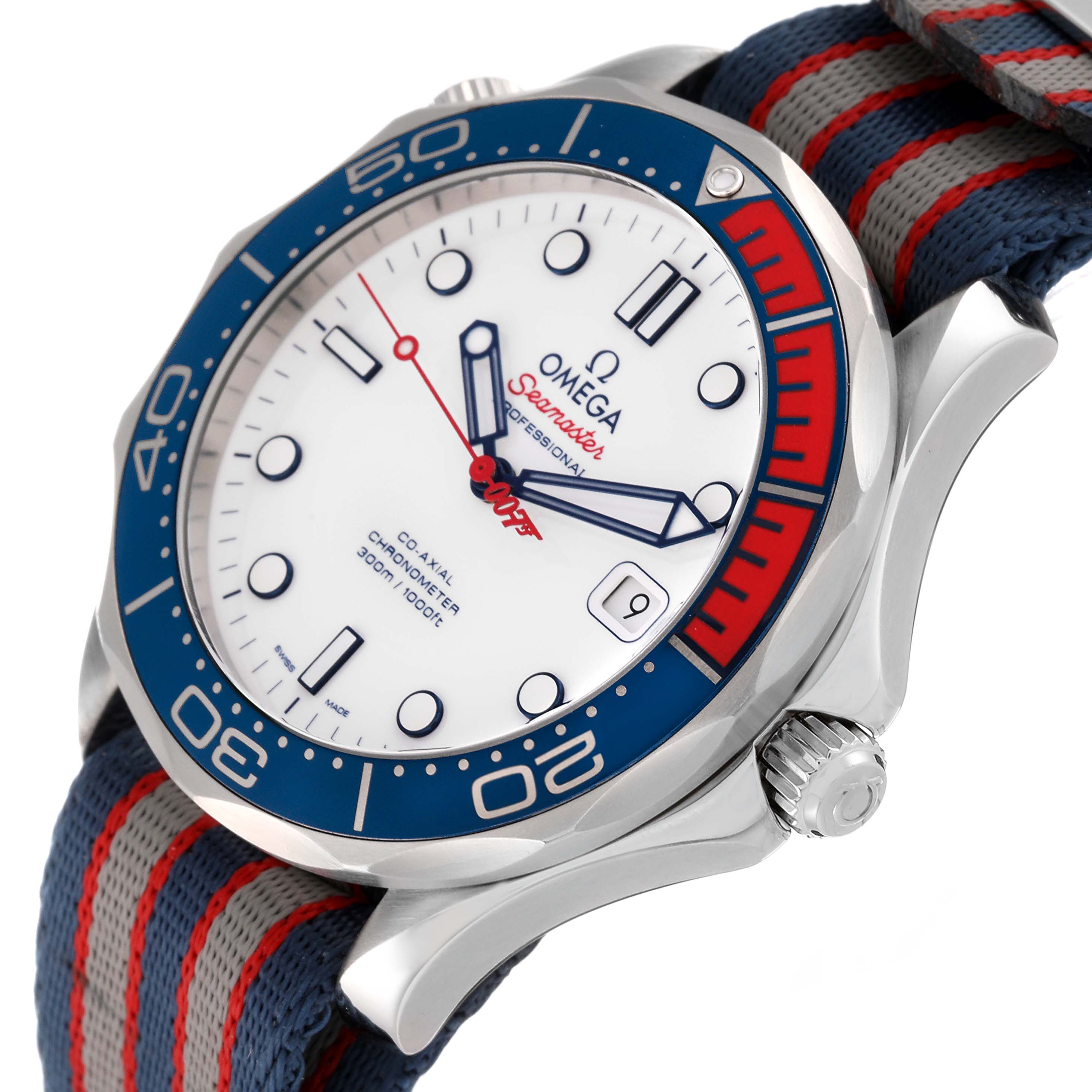 The image shows an Omega Seamaster 212.32.41.20.04.001 Men's Stainless Steel White Dial 212.32.41.20.04.001 Men's Stainless Steel White Dial watch at a side angle, highlighting its dial, bezel, and strap.