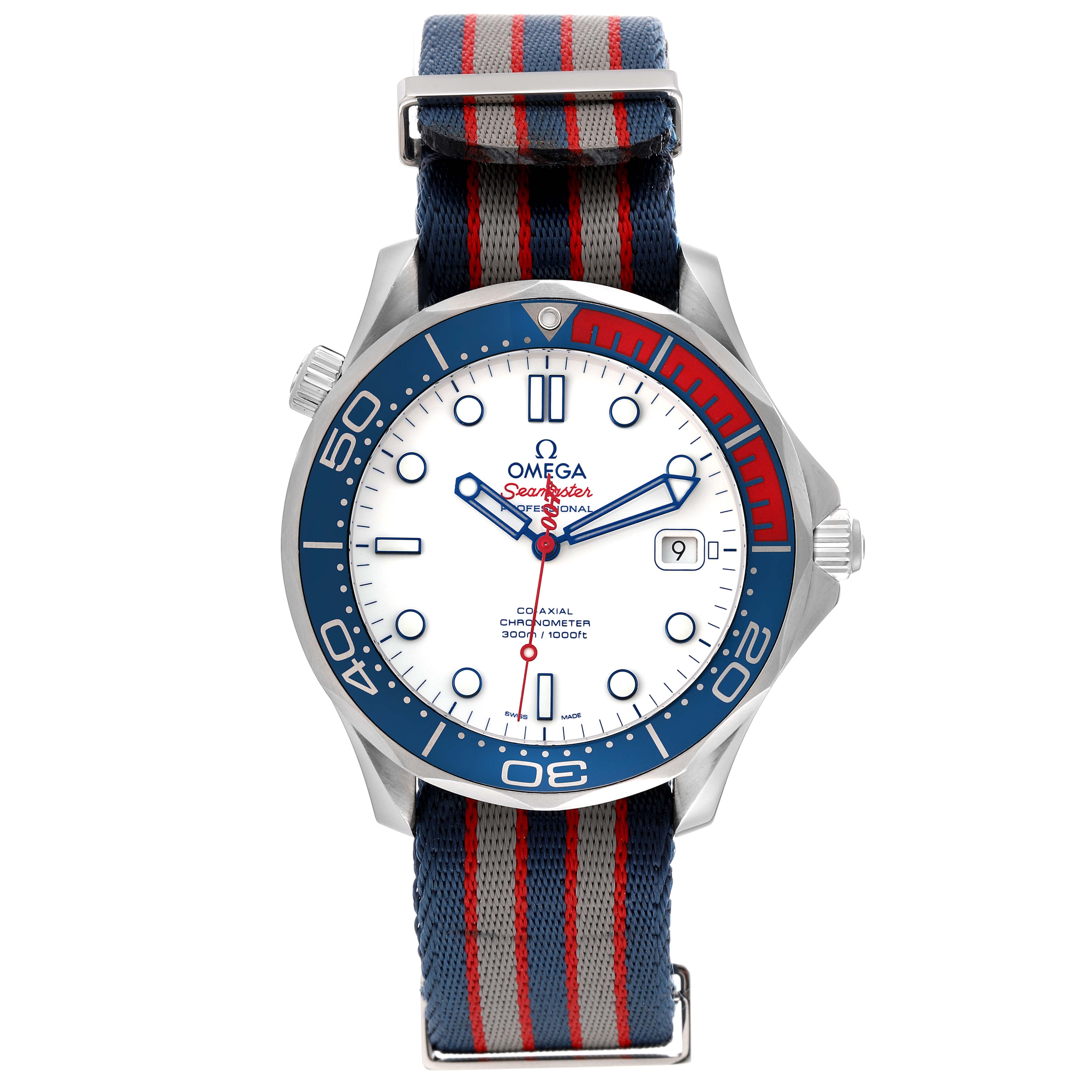 The Omega Seamaster 212.32.41.20.04.001 Men's Stainless Steel White Dial 212.32.41.20.04.001 Men's Stainless Steel White Dial watch is shown from a front angle, displaying the face, hands, bezel, date window, and NATO strap.