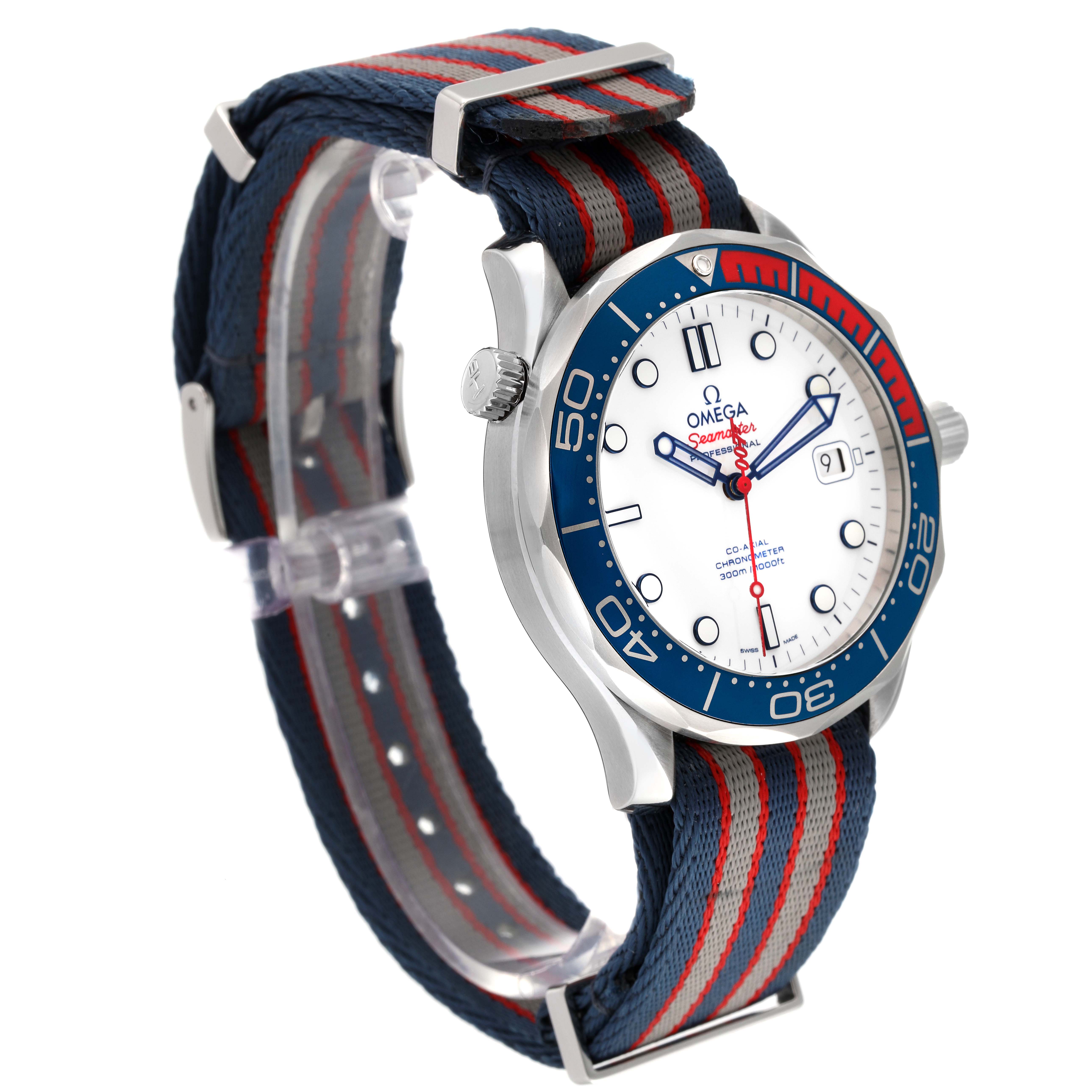 This image shows an angled view of an Omega Seamaster 212.32.41.20.04.001 Men's Stainless Steel White Dial 212.32.41.20.04.001 Men's Stainless Steel White Dial watch highlighting its face, bezel, crown, and fabric strap.