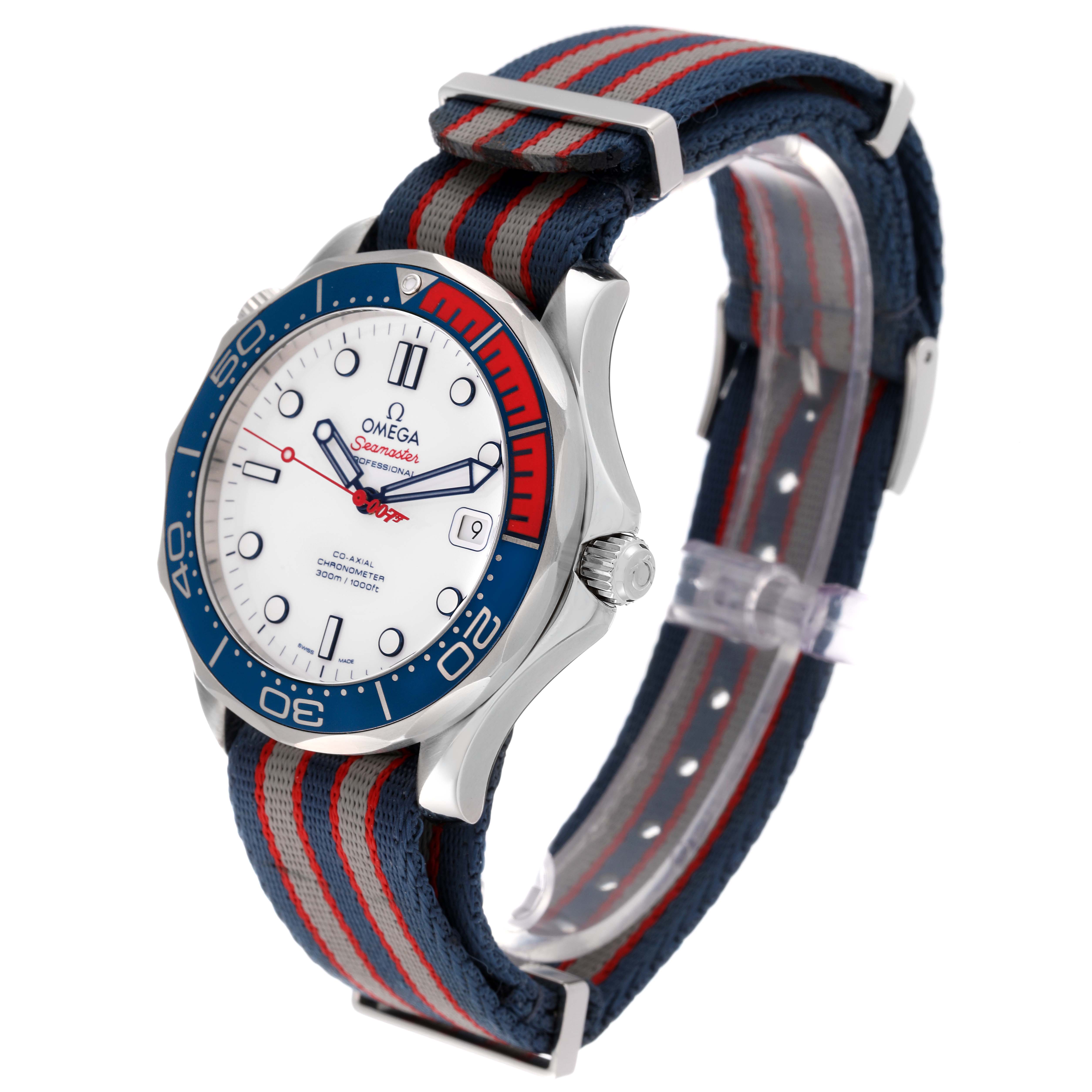 The image shows an Omega Seamaster 212.32.41.20.04.001 Men's Stainless Steel White Dial 212.32.41.20.04.001 Men's Stainless Steel White Dial watch at a three-quarter angle, highlighting its face, bezel, crown, and NATO strap.