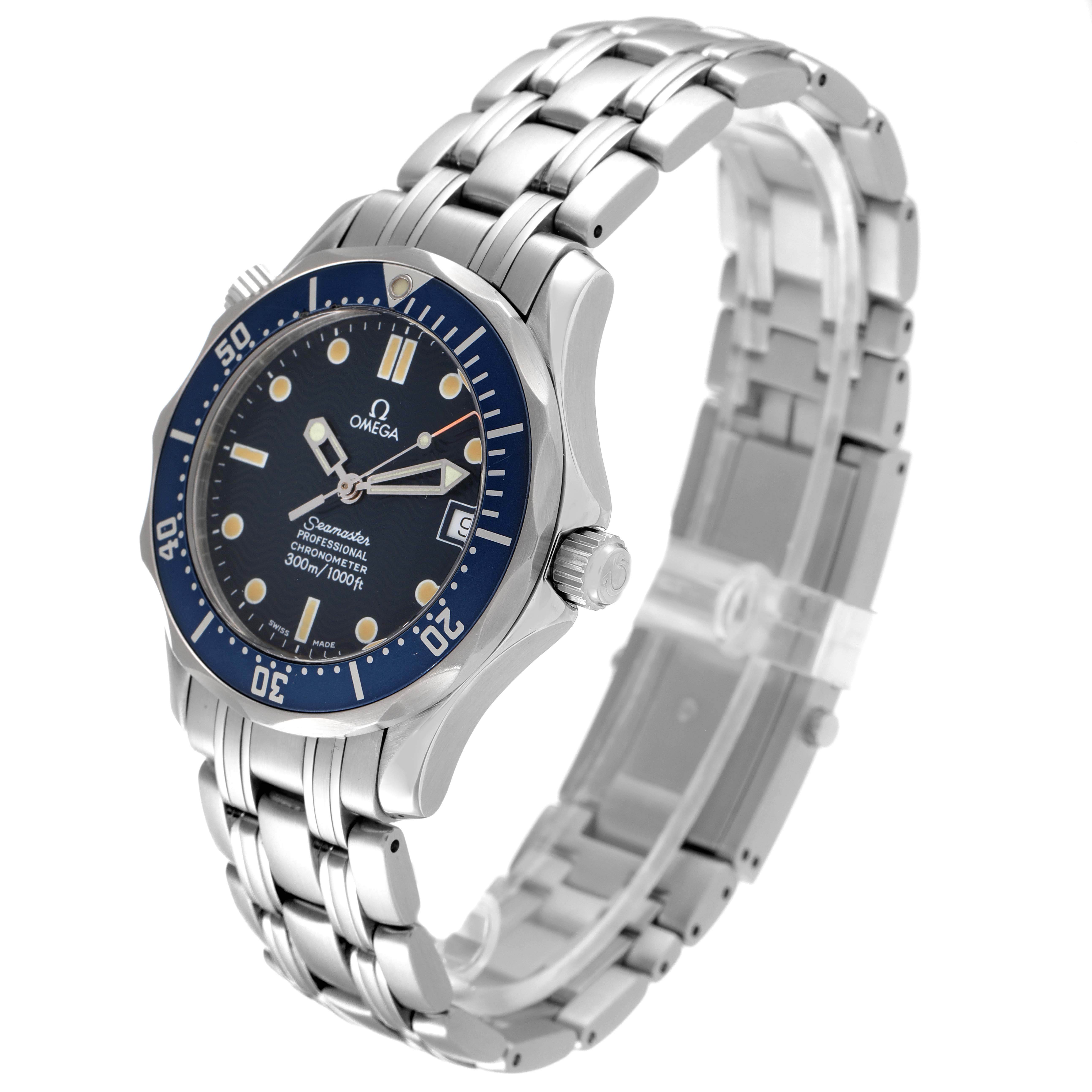 The Omega Seamaster 2551.80.00 Men's Stainless Steel Blue Dial 2551.80.00 Men's Stainless Steel Blue Dial watch is shown from an angled view, highlighting the face, bezel, crown, and stainless steel bracelet.