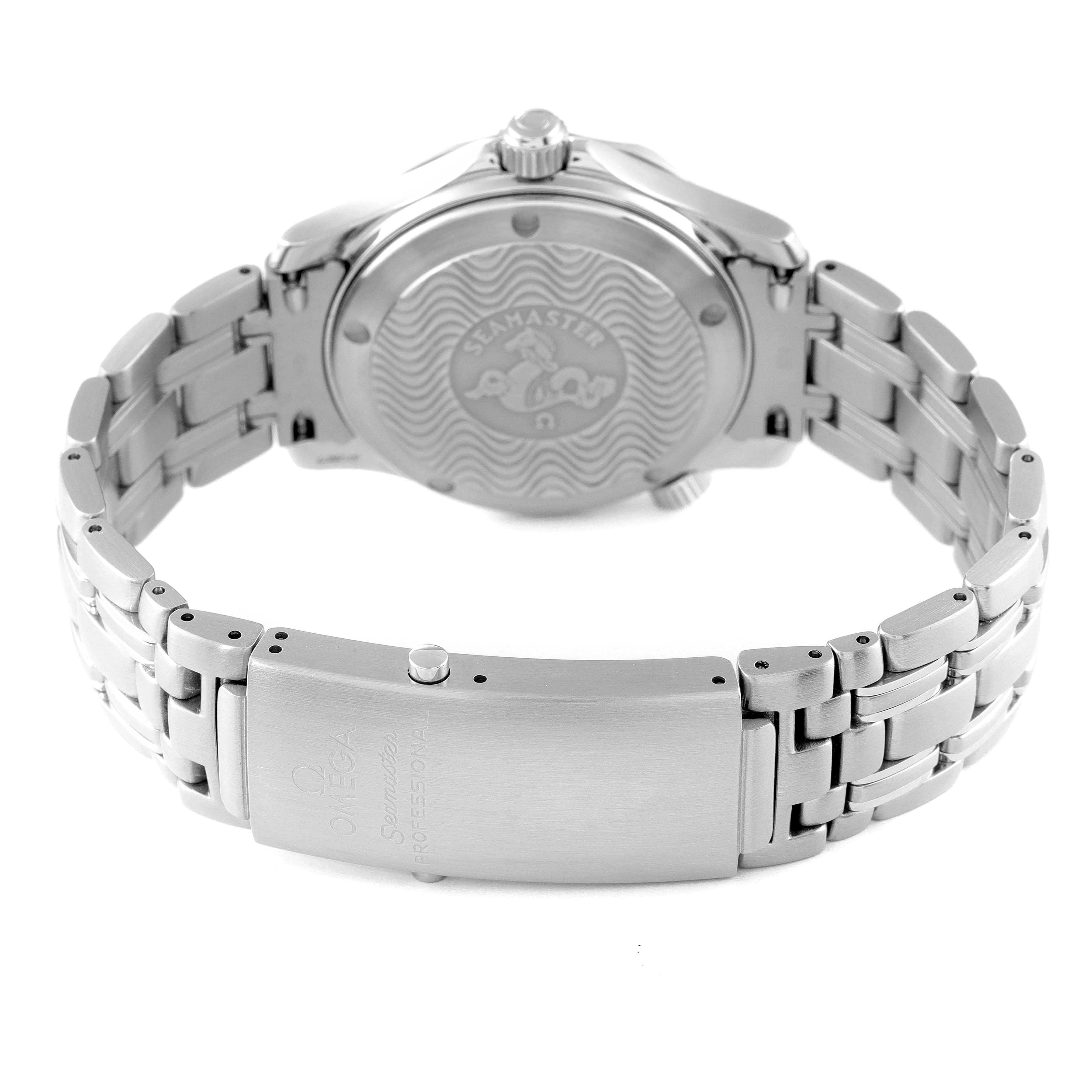 This image shows the back view of an Omega Seamaster 2551.80.00 Men's Stainless Steel Blue Dial 2551.80.00 Men's Stainless Steel Blue Dial watch, highlighting the bracelet and clasp.