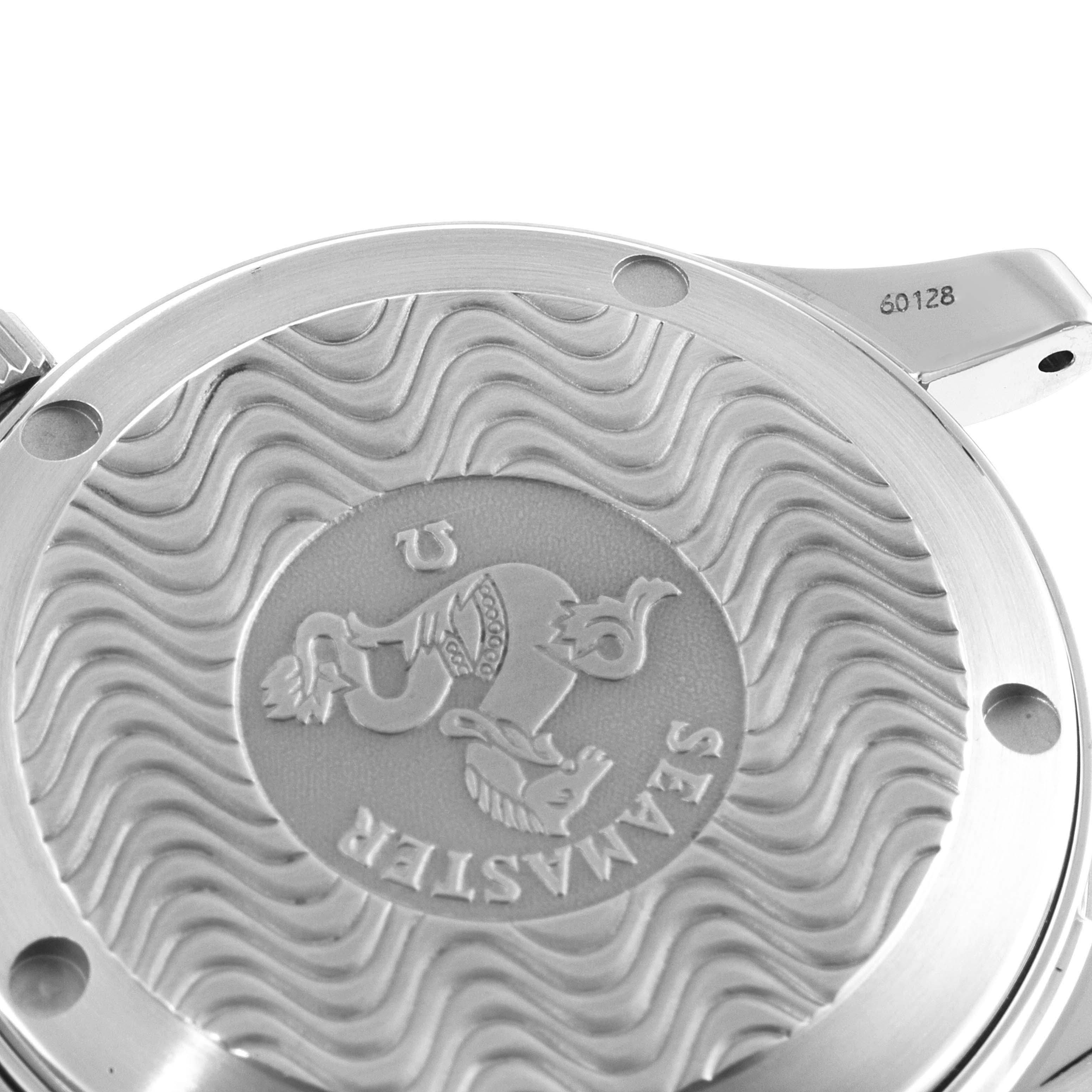 This image shows the case back of an Omega Seamaster 2551.80.00 Men's Stainless Steel Blue Dial 2551.80.00 Men's Stainless Steel Blue Dial watch, featuring the engraved Omega logo and wavy pattern.