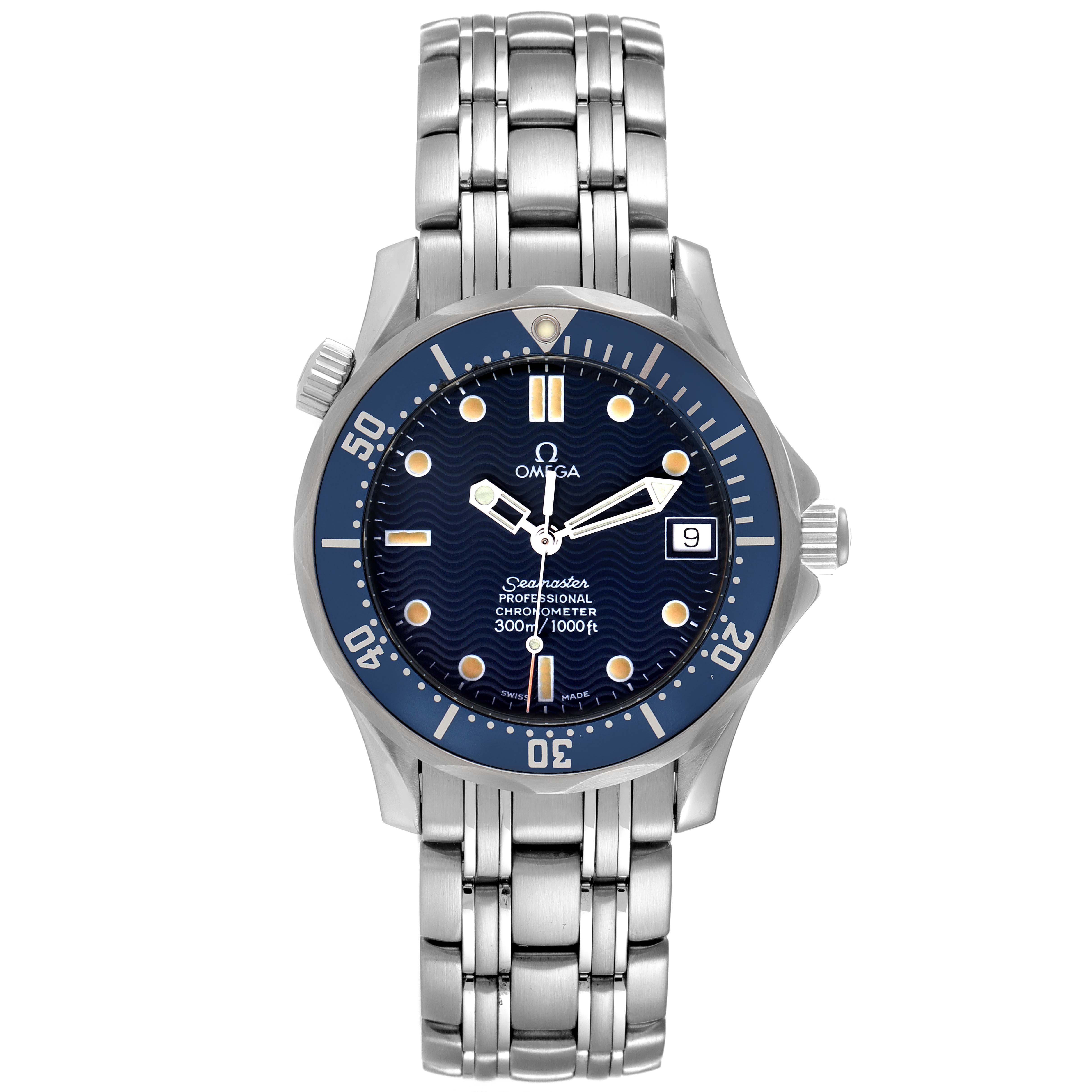 The image shows a front view of an Omega Seamaster 2551.80.00 Men's Stainless Steel Blue Dial 2551.80.00 Men's Stainless Steel Blue Dial watch, highlighting its face, bezel, and metal bracelet.