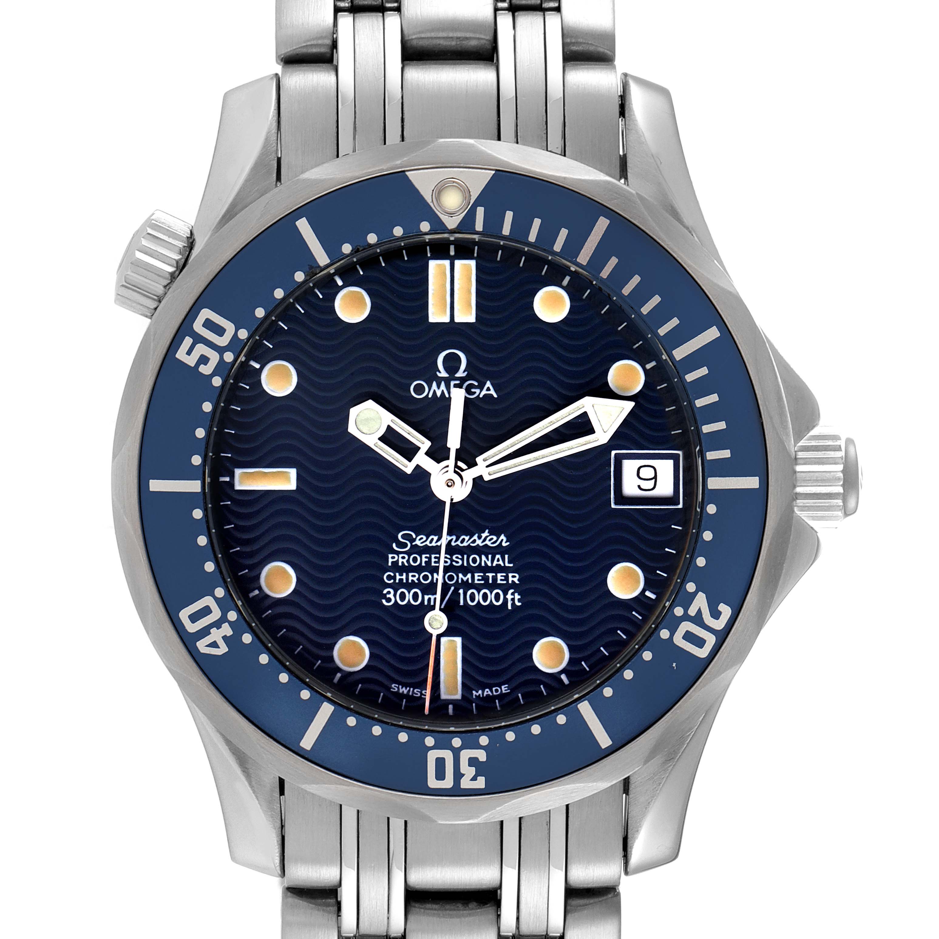 The image shows a front-facing view of the Omega Seamaster 2551.80.00 Men's Stainless Steel Blue Dial 2551.80.00 Men's Stainless Steel Blue Dial watch, displaying the dial, bezel, and bracelet.