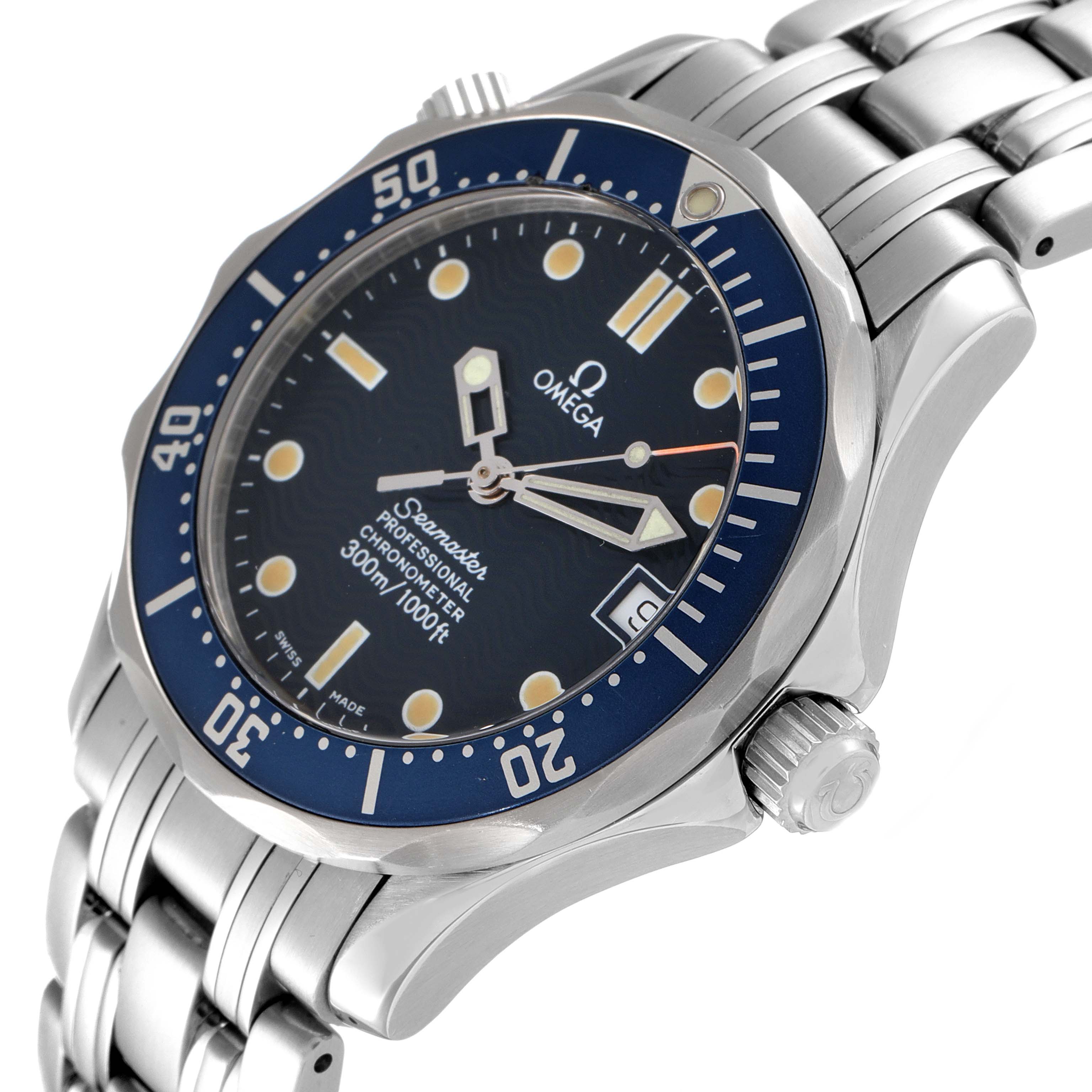 The Omega Seamaster 2551.80.00 Men's Stainless Steel Blue Dial 2551.80.00 Men's Stainless Steel Blue Dial watch is shown at an angle highlighting the dial, bezel, crown, and part of the bracelet.