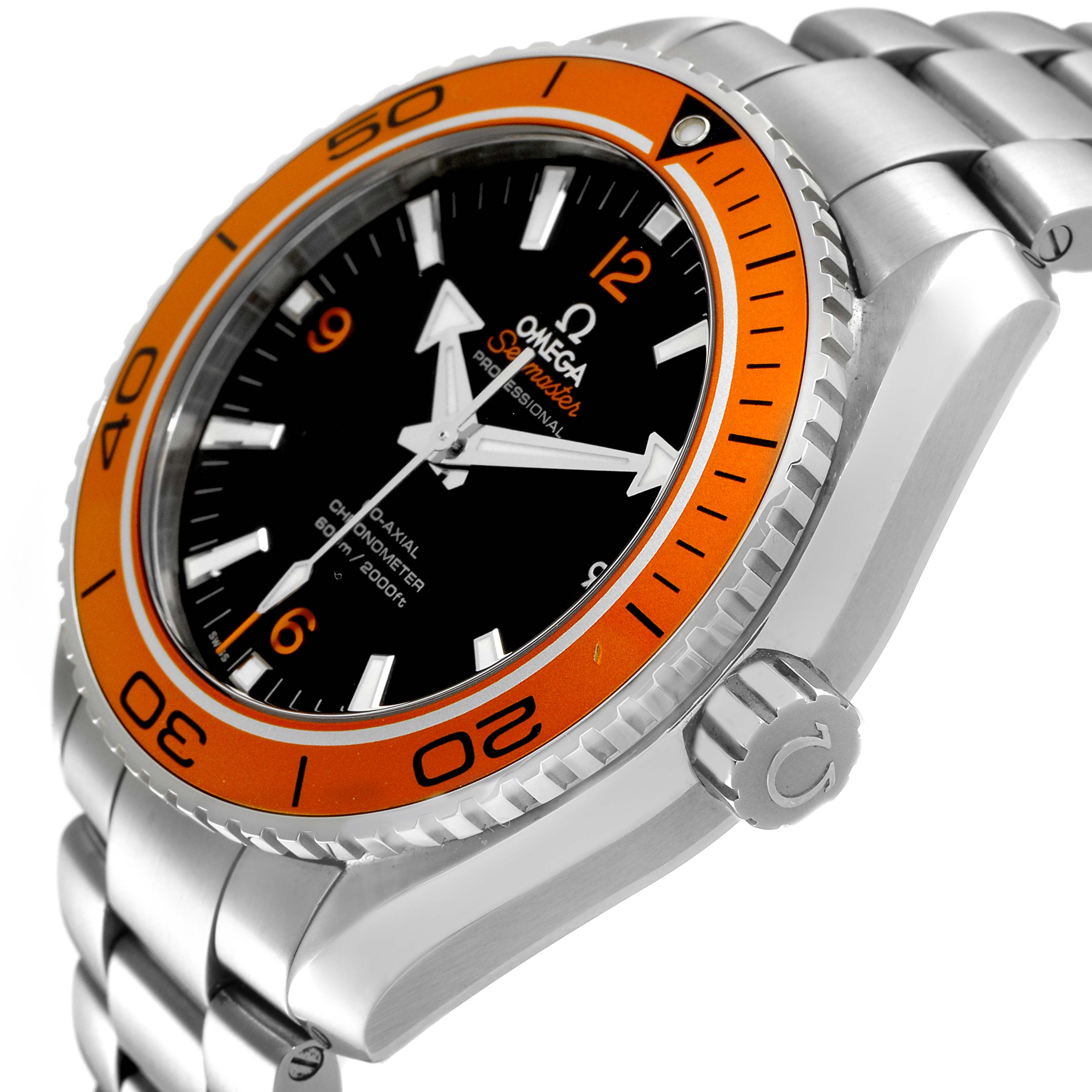 The image shows an Omega Planet Ocean 232.30.46.21.01.002 Men's Stainless Steel Black Dial watch at a three-quarter angle, highlighting the orange bezel, black dial, and stainless steel bracelet.