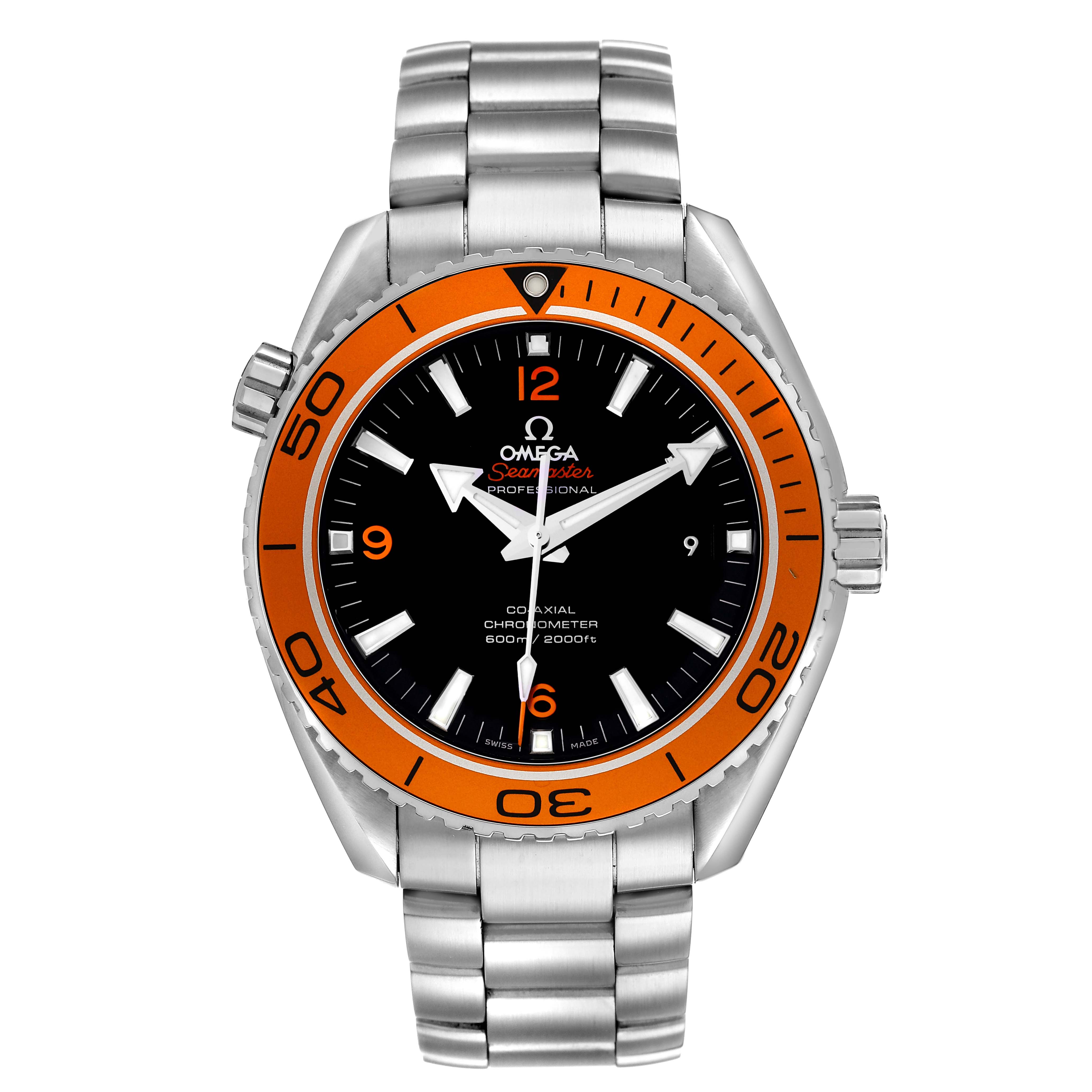 The Omega Planet Ocean 232.30.46.21.01.002 Men's Stainless Steel Black Dial watch is shown from a front angle, featuring its stainless steel bracelet and orange bezel.