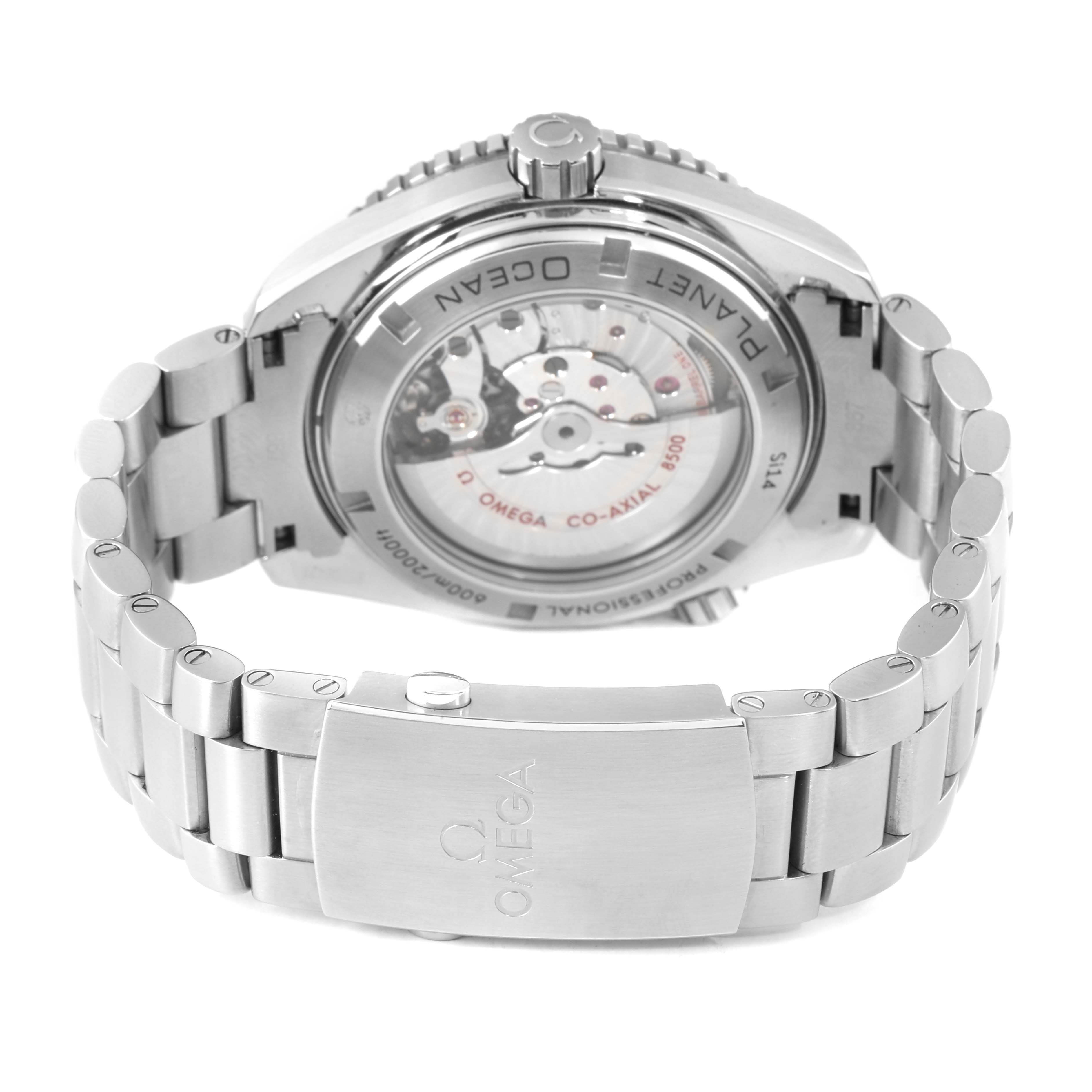 The image shows the back of the Omega Planet Ocean 232.30.46.21.01.002 Men's Stainless Steel Black Dial watch, highlighting the movement and stainless steel bracelet.