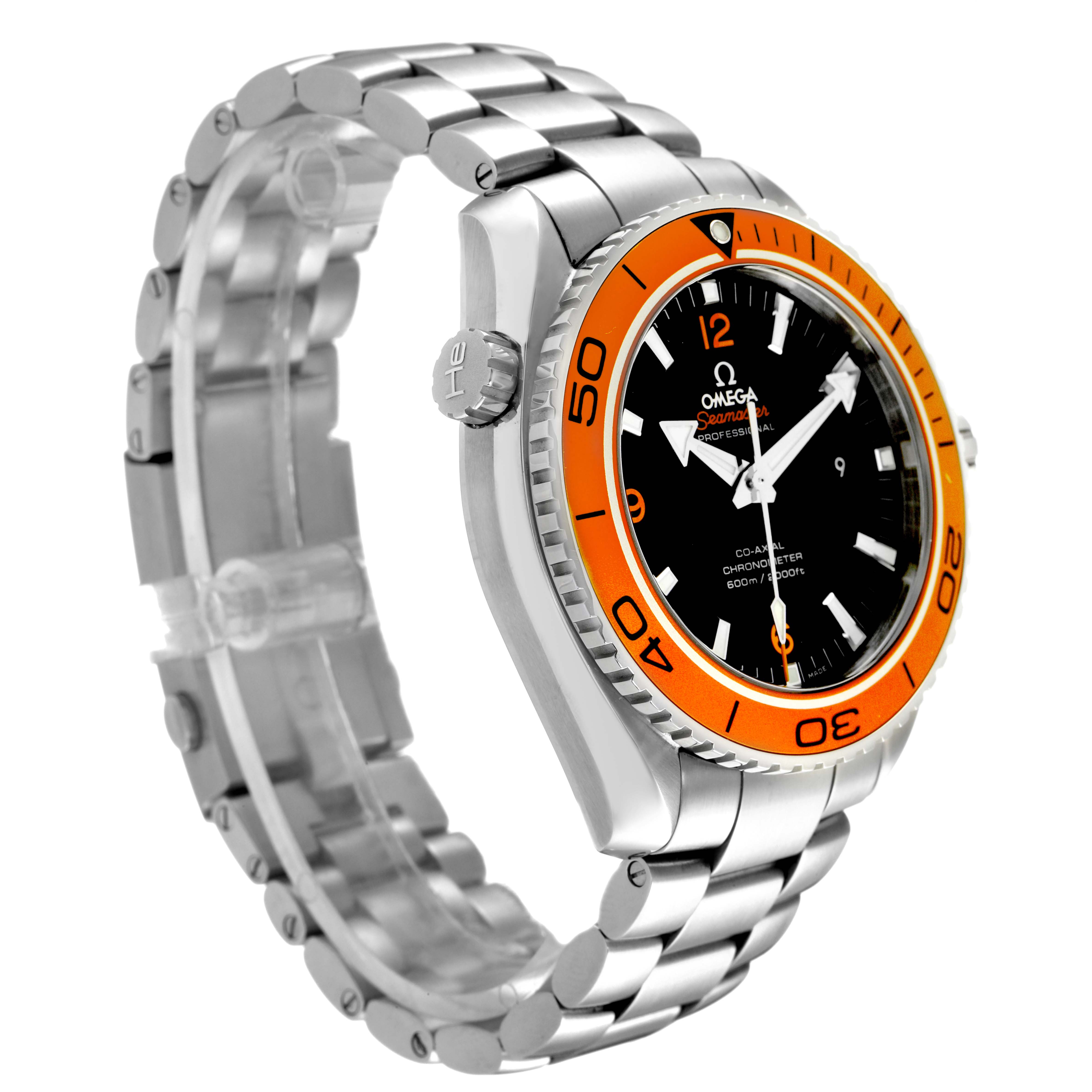 The Omega Planet Ocean 232.30.46.21.01.002 Men's Stainless Steel Black Dial watch is shown at a side angle, highlighting the orange bezel, crown, and stainless steel bracelet.