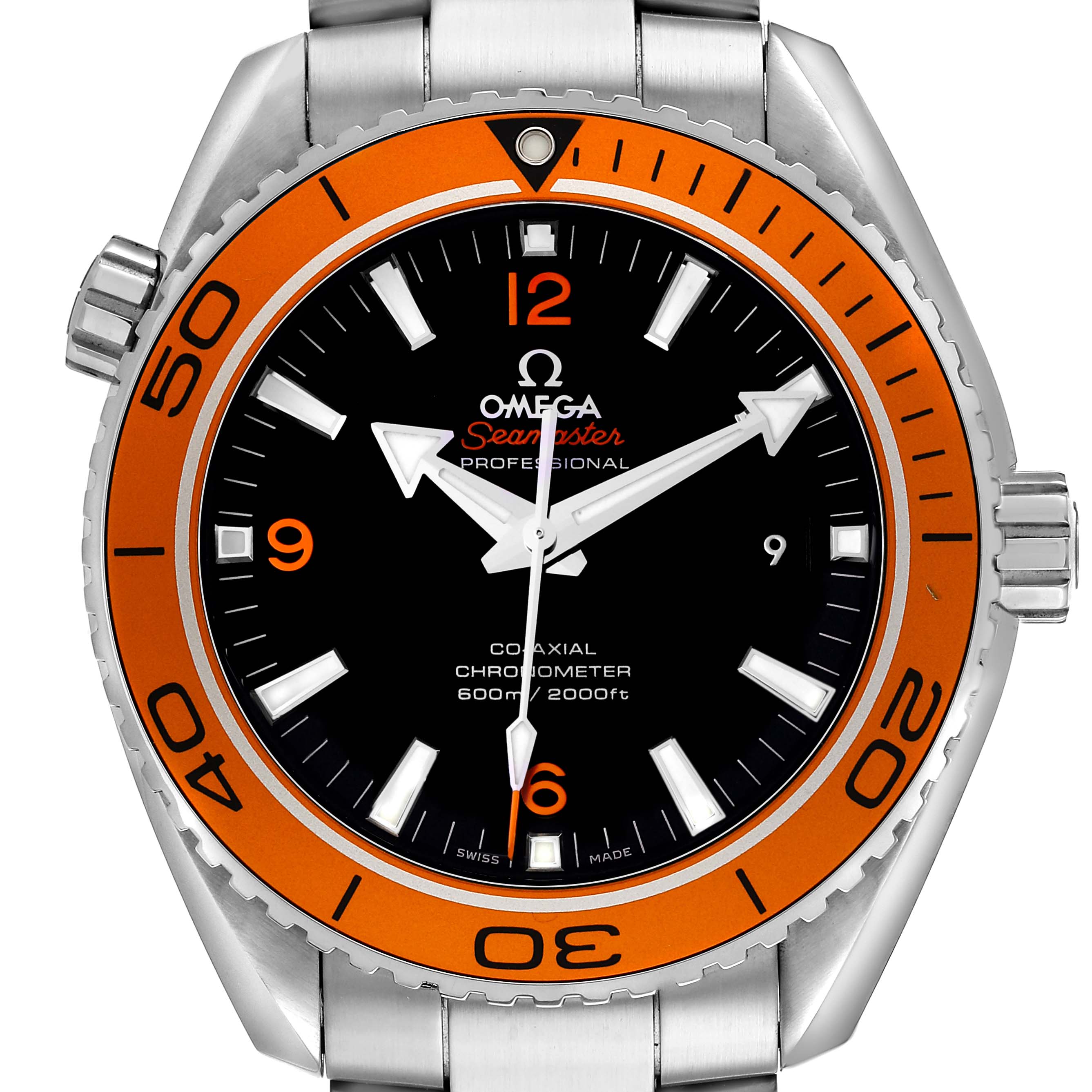 The Omega Planet Ocean 232.30.46.21.01.002 Men's Stainless Steel Black Dial watch is shown from a front view with its orange bezel, black dial, and stainless steel bracelet visible.