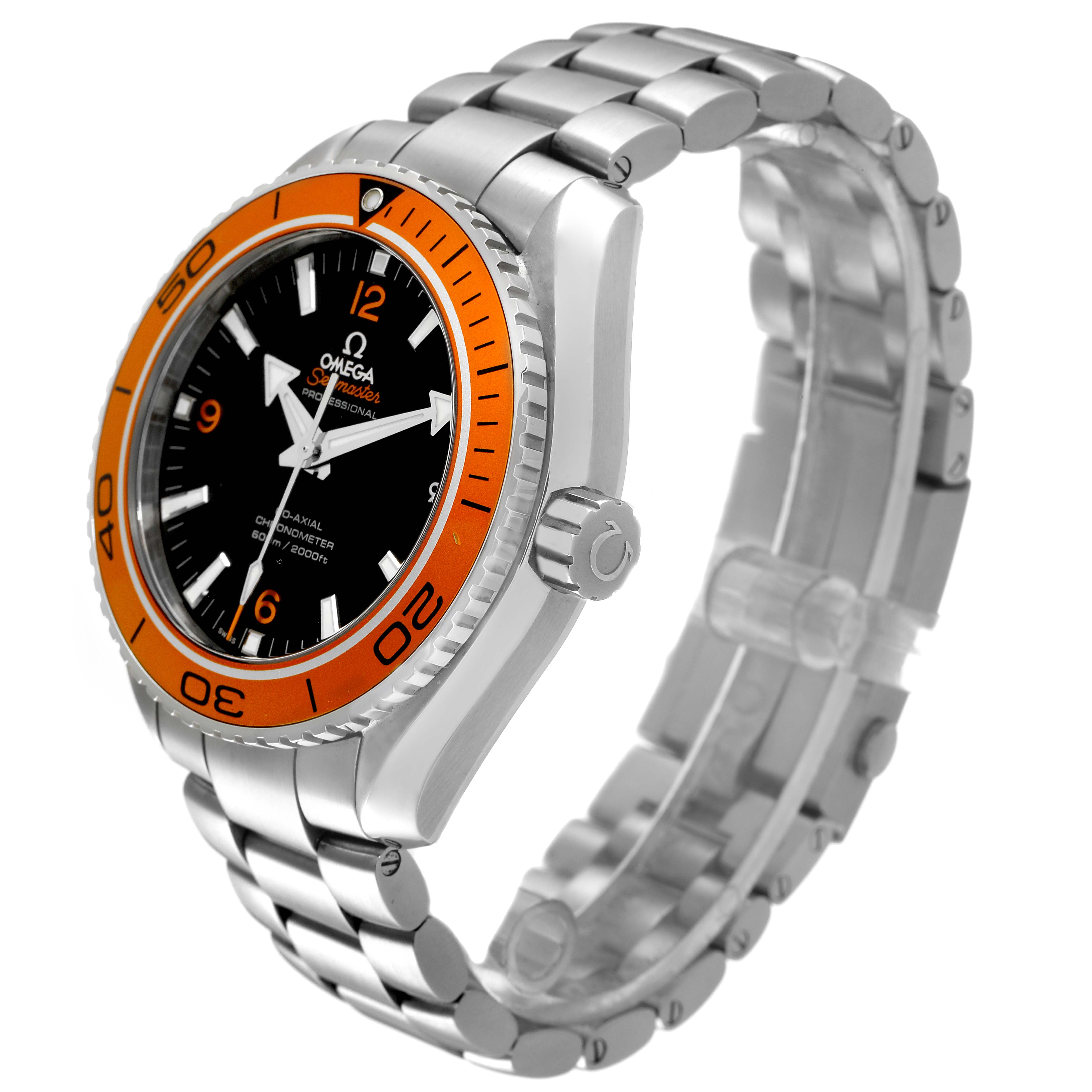 The Omega Planet Ocean 232.30.46.21.01.002 Men's Stainless Steel Black Dial watch is shown at a three-quarter angle, highlighting its orange bezel, black dial, and metallic bracelet.