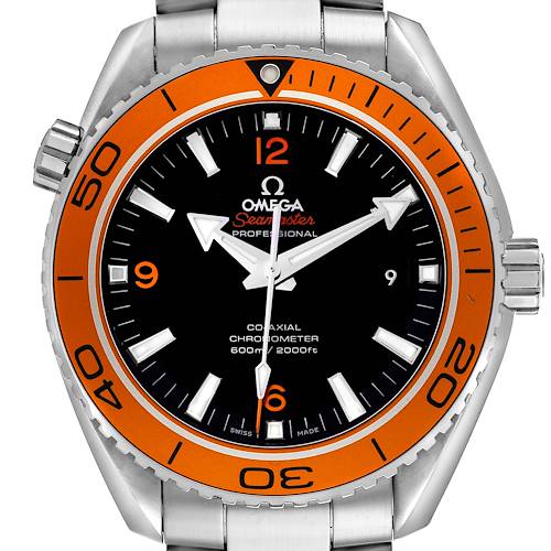 The Omega Planet Ocean 232.30.46.21.01.002 Men's Stainless Steel Black Dial watch is shown from a front angle, highlighting its orange bezel, black dial, and bracelet.
