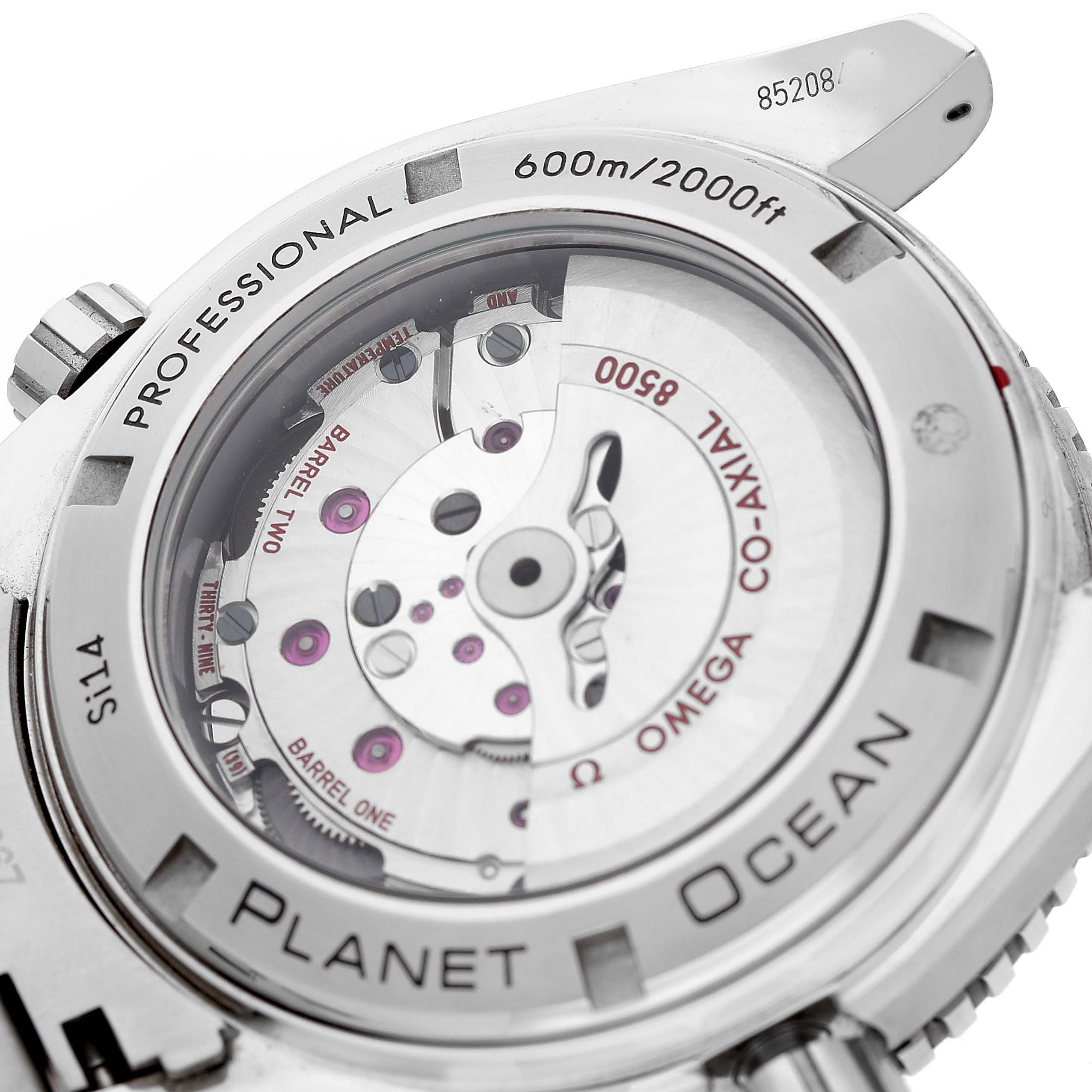 The image shows the back case of the Omega Planet Ocean 232.30.46.21.01.002 Men's Stainless Steel Black Dial watch, highlighting the movement mechanism.