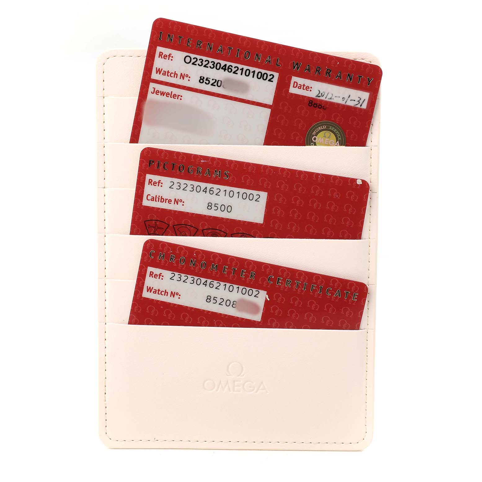 This image shows warranty and certification cards for the Omega Planet Ocean 232.30.46.21.01.002 Men's Stainless Steel Black Dial model in a branded holder.