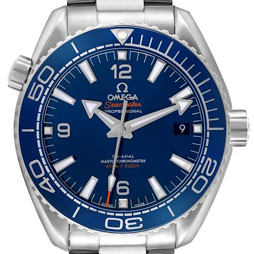 The Omega Planet Ocean 215.30.44.21.03.001 Men's Stainless Steel Blue Dial watch is shown from the front, displaying its blue dial, hands, markers, and bezel details.