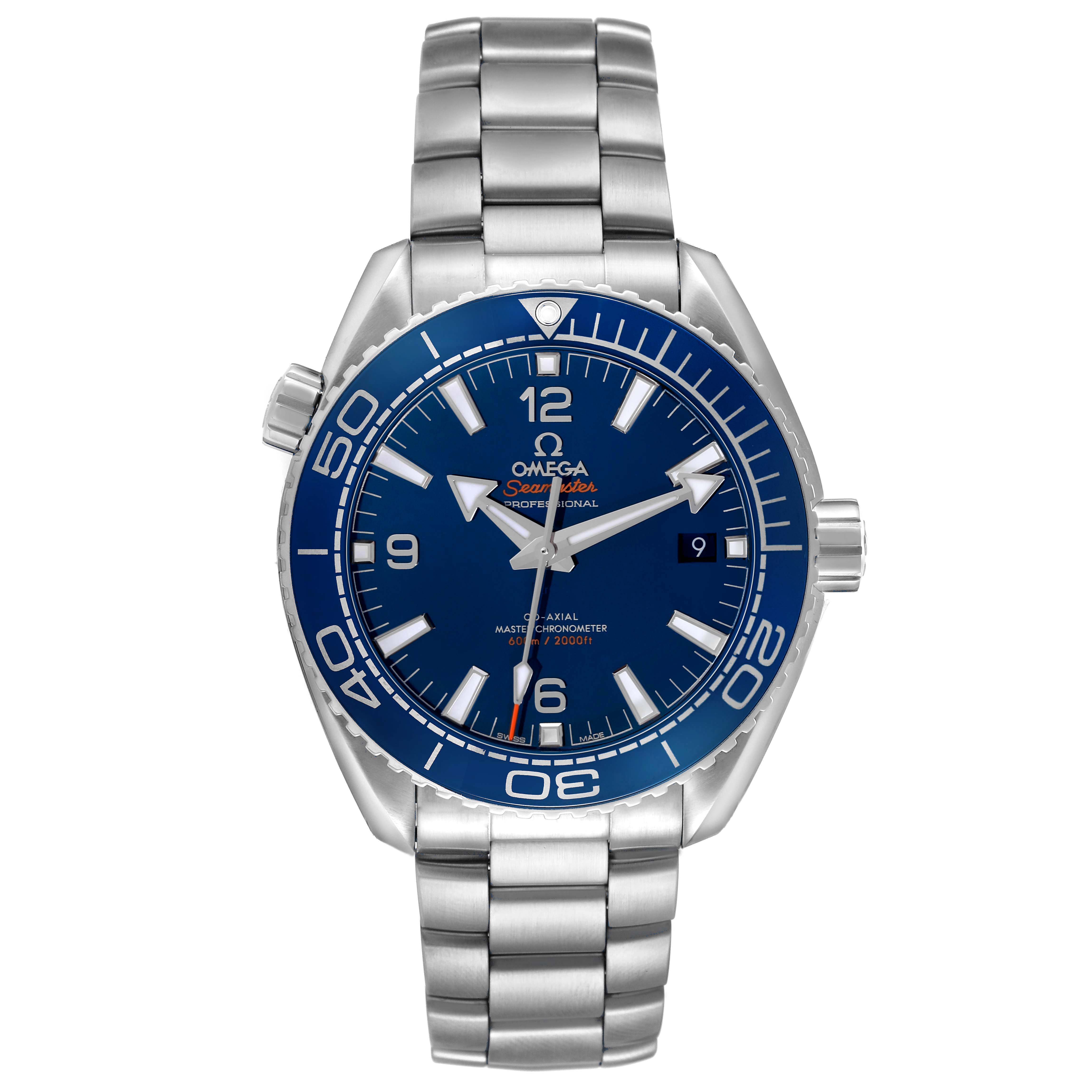 The Omega Planet Ocean 215.30.44.21.03.001 Men's Stainless Steel Blue Dial watch is shown from the front, displaying the bezel, dial, hands, and metal bracelet.