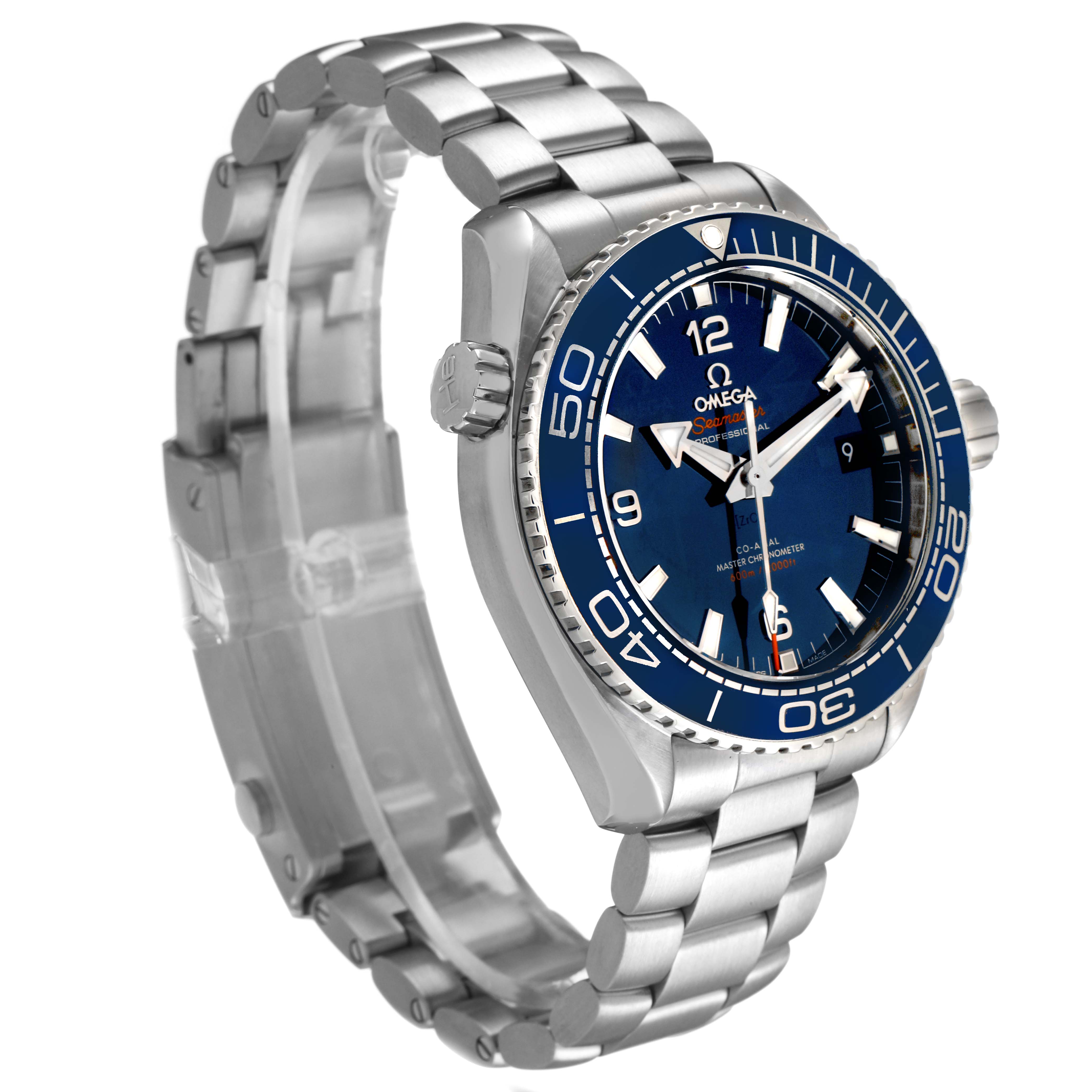 The Omega Planet Ocean 215.30.44.21.03.001 Men's Stainless Steel Blue Dial watch is shown at a three-quarter angle, highlighting the face, bezel, crown, and metal bracelet.