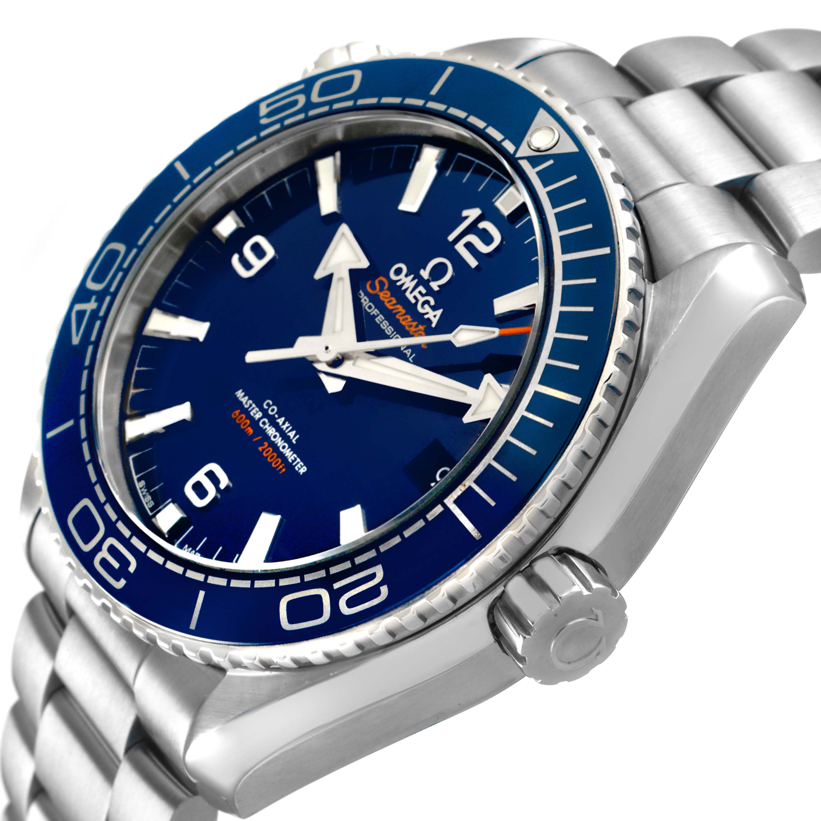 The Omega Planet Ocean 215.30.44.21.03.001 Men's Stainless Steel Blue Dial watch is shown at a slight angle, highlighting the face, bezel, crown, and metal bracelet.