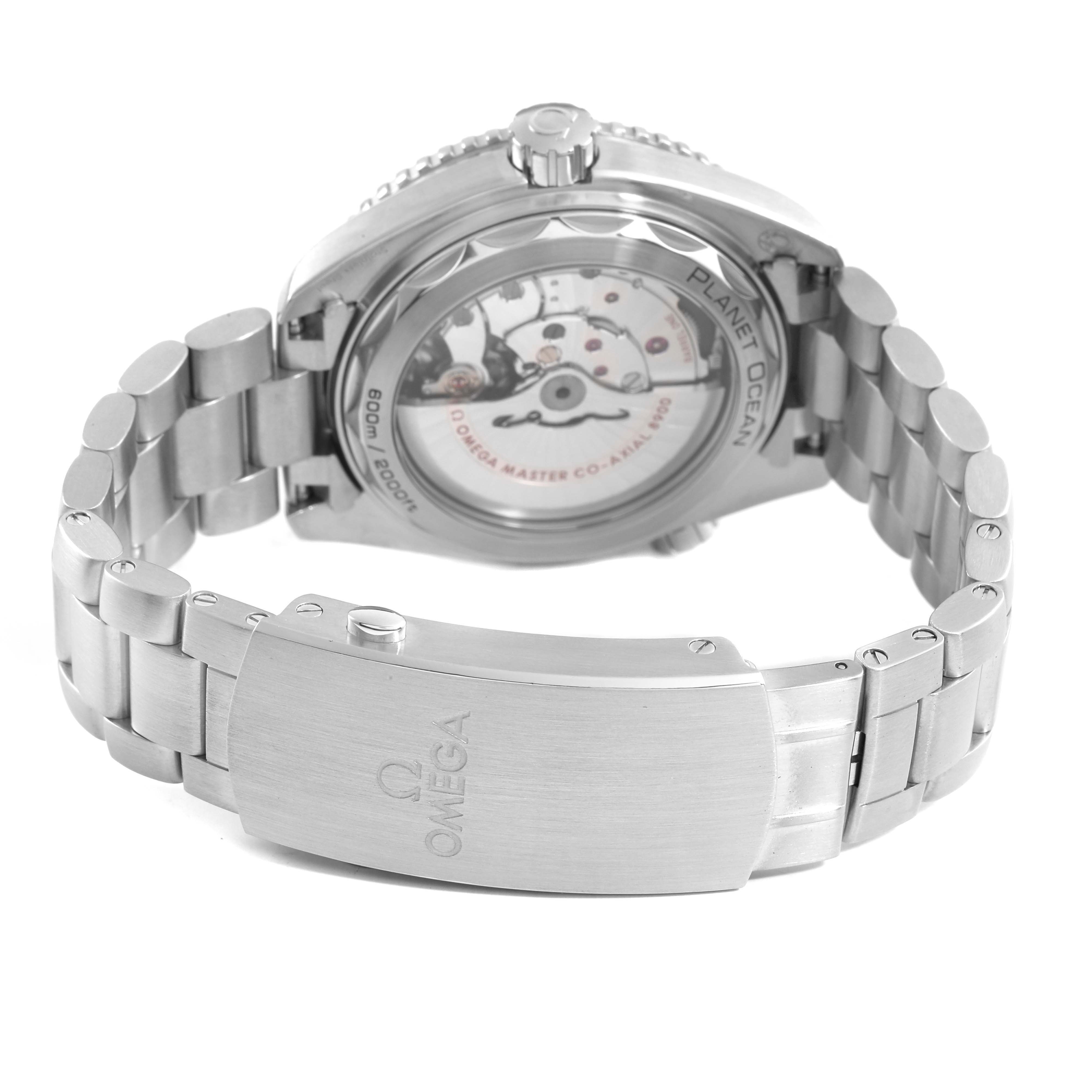 The image shows the back of the Omega Planet Ocean 215.30.44.21.03.001 Men's Stainless Steel Blue Dial watch, highlighting the exhibition case back and stainless steel bracelet with the clasp.