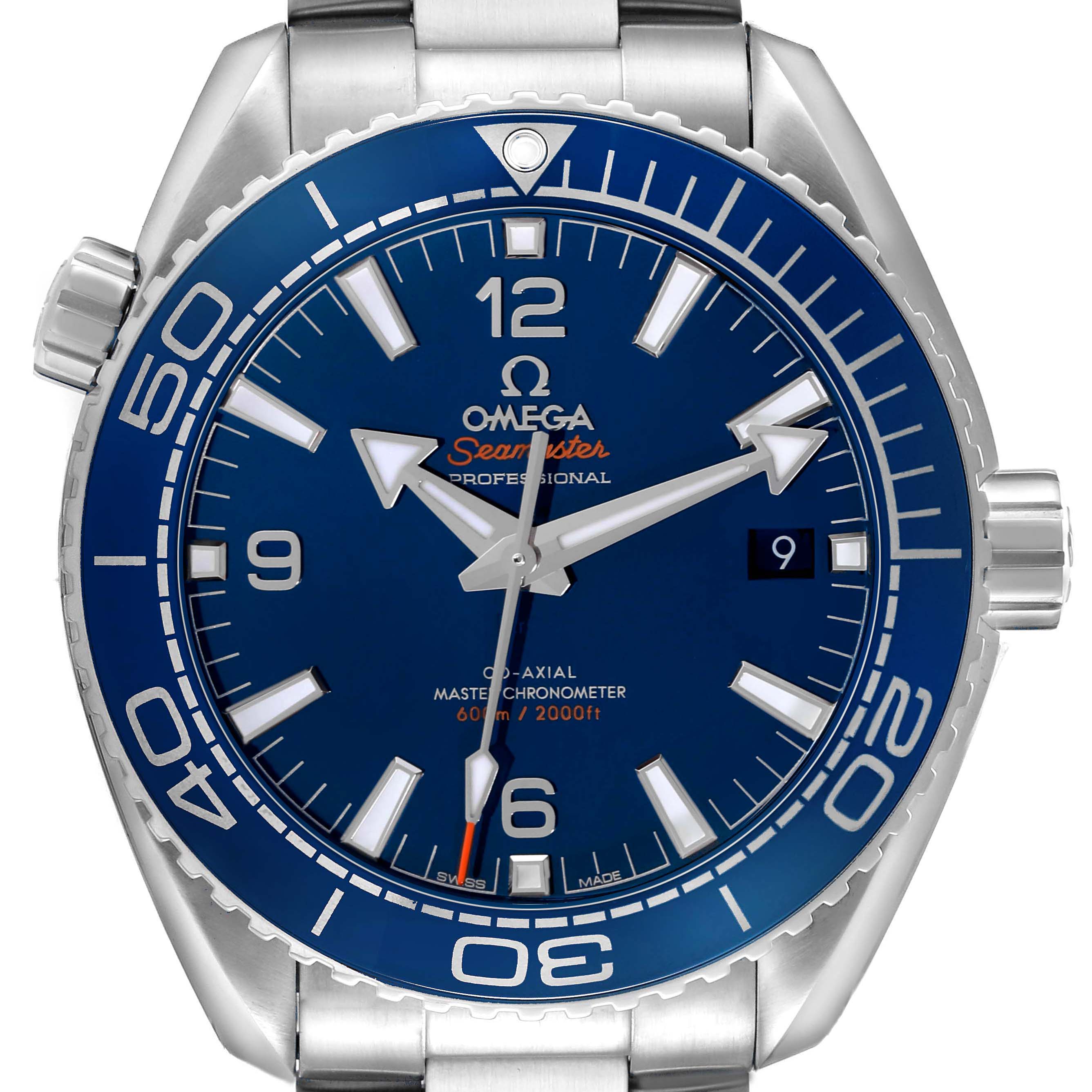 The Omega Seamaster Planet Ocean watch is shown from a front angle, highlighting its blue dial and bezel with visible branding and date.