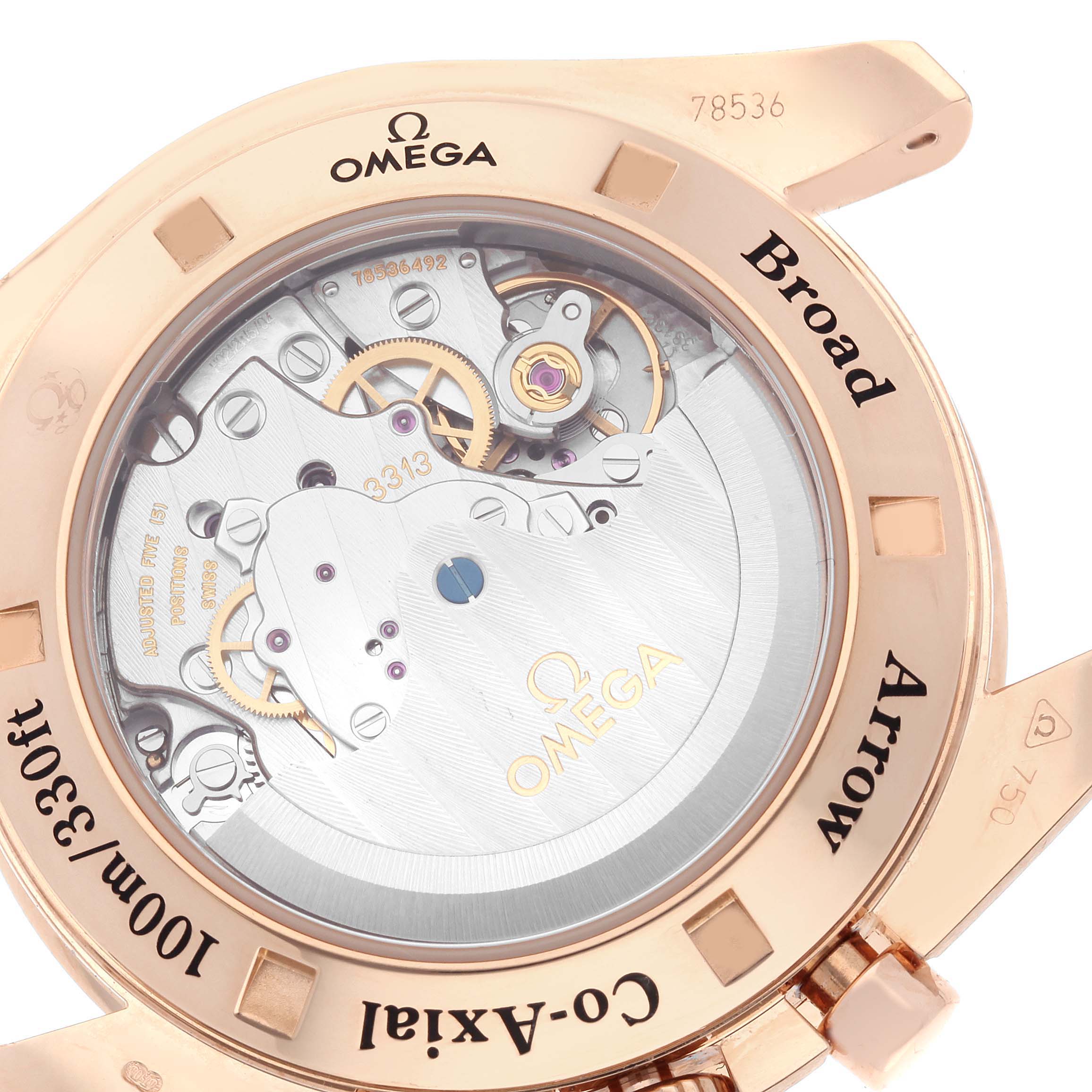 This is a close-up view of the Omega Speedmaster 321.53.42.50.01.001 Men's Rose Gold Black Dial 321.53.42.50.01.001 Men's Rose Gold Black Dial's transparent case back, showcasing its internal mechanical movement.