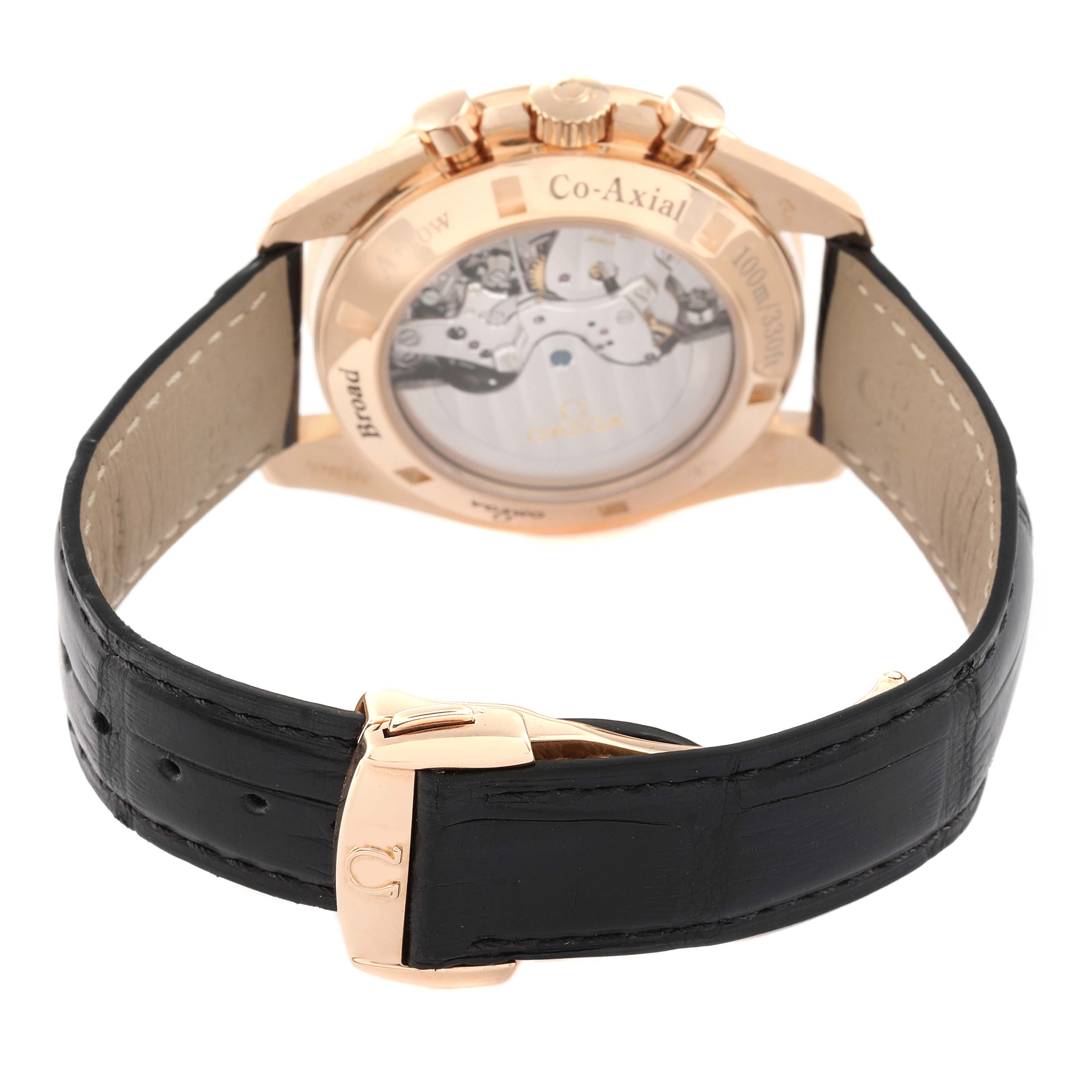 This image shows the back view of an Omega Speedmaster 321.53.42.50.01.001 Men's Rose Gold Black Dial 321.53.42.50.01.001 Men's Rose Gold Black Dial watch, highlighting its leather strap and transparent case back.