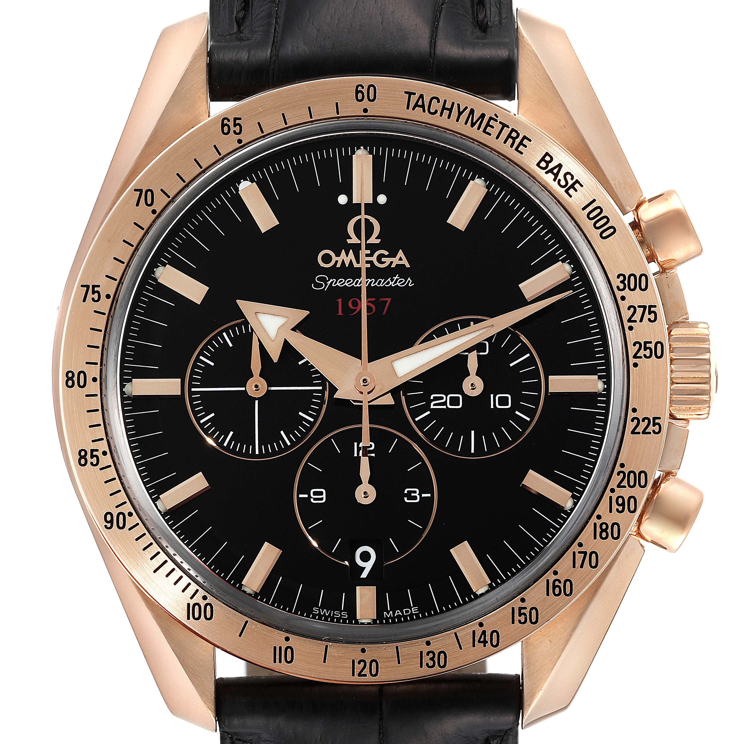 The image shows a front view of an Omega Speedmaster 321.53.42.50.01.001 Men's Rose Gold Black Dial 321.53.42.50.01.001 Men's Rose Gold Black Dial watch, featuring a black dial, chronograph subdials, and a tachymeter bezel.
