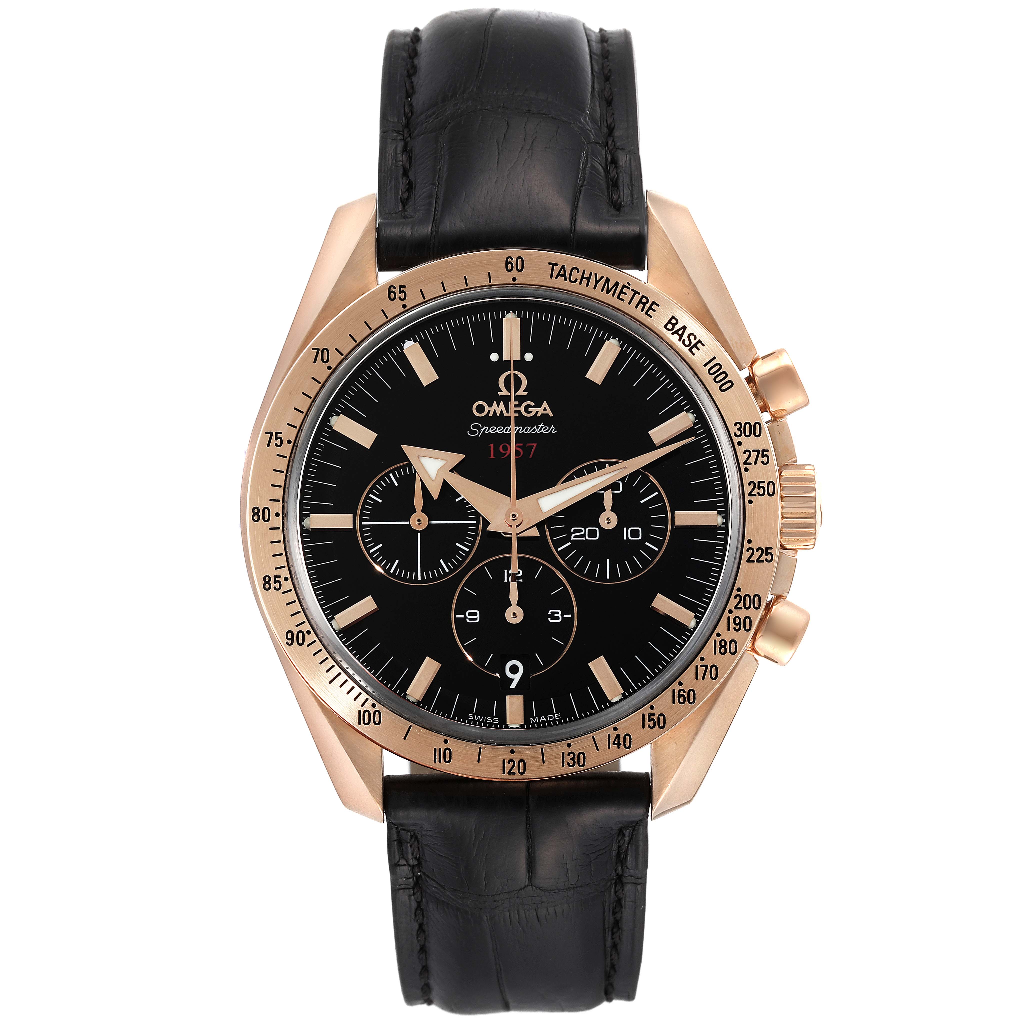 The Omega Speedmaster 321.53.42.50.01.001 Men's Rose Gold Black Dial 321.53.42.50.01.001 Men's Rose Gold Black Dial watch is shown from the front, displaying the dial, tachymeter bezel, and leather strap.