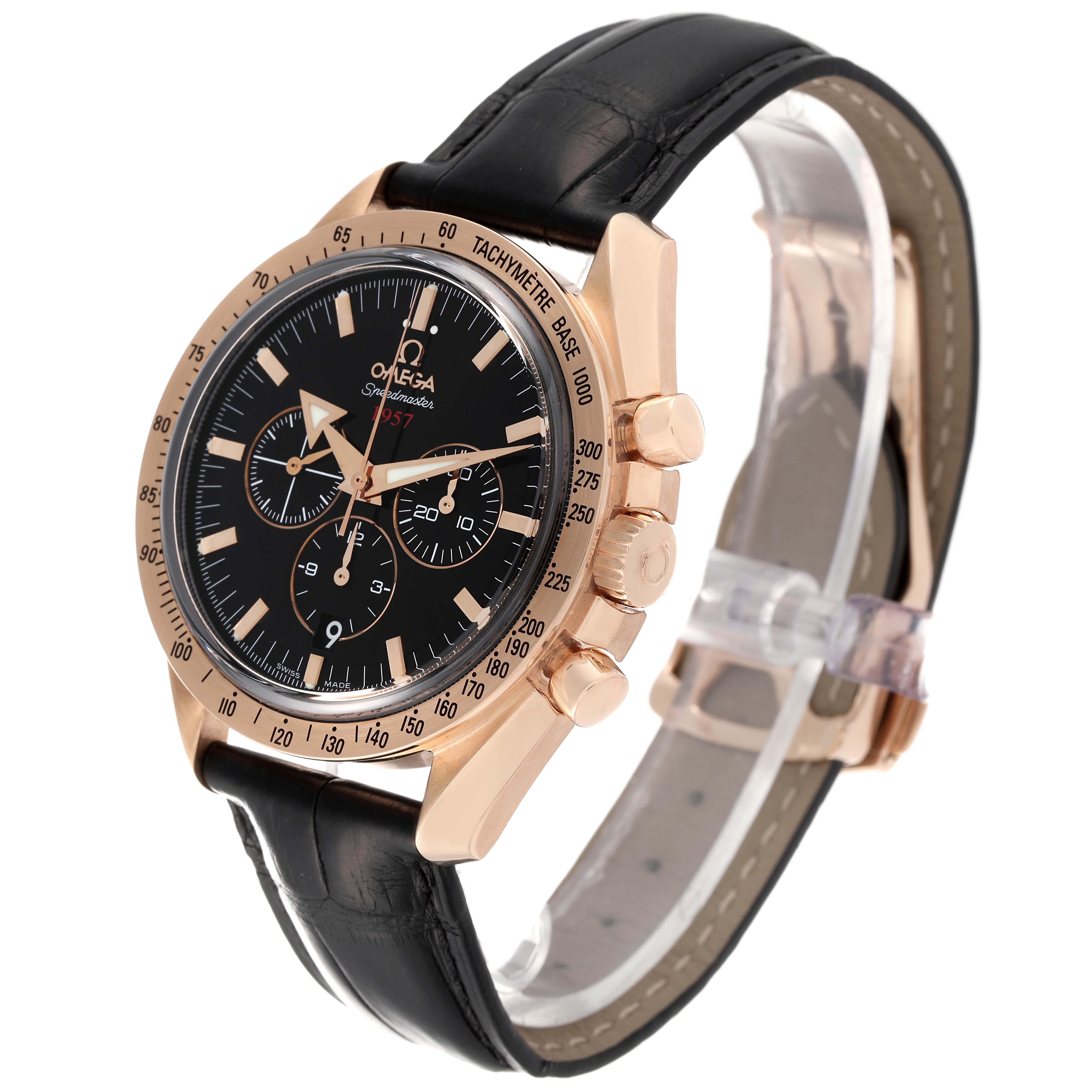 The Omega Speedmaster 321.53.42.50.01.001 Men's Rose Gold Black Dial 321.53.42.50.01.001 Men's Rose Gold Black Dial watch is shown at a three-quarter angle, displaying the face, bezel, crown, chronograph buttons, and leather strap.