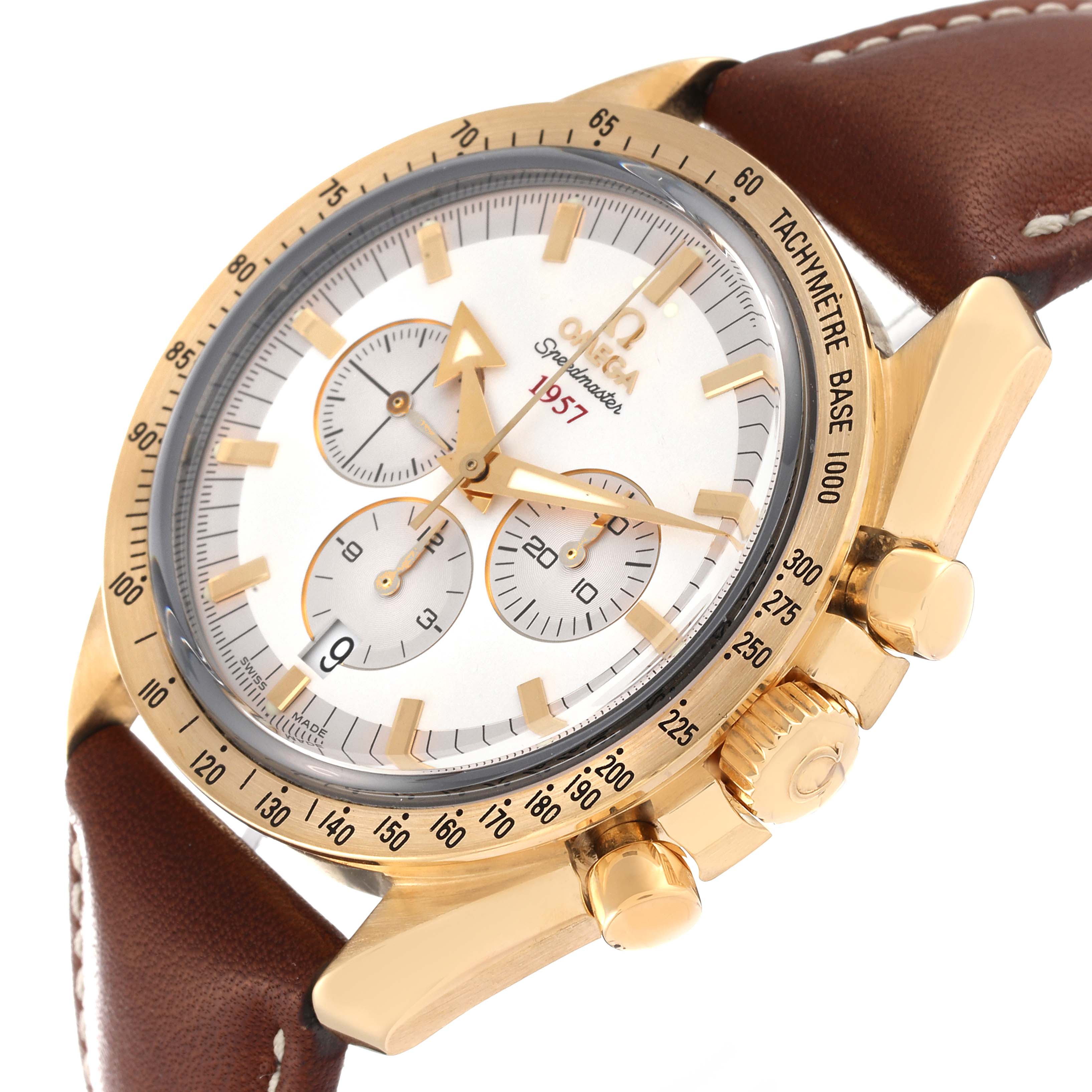 This Omega Speedmaster 321.53.42.50.02.001 Men's Yellow Gold Silver Dial 321.53.42.50.02.001 Men's Yellow Gold Silver Dial watch is shown from a slightly angled side view highlighting its face, bezel, and pushers.