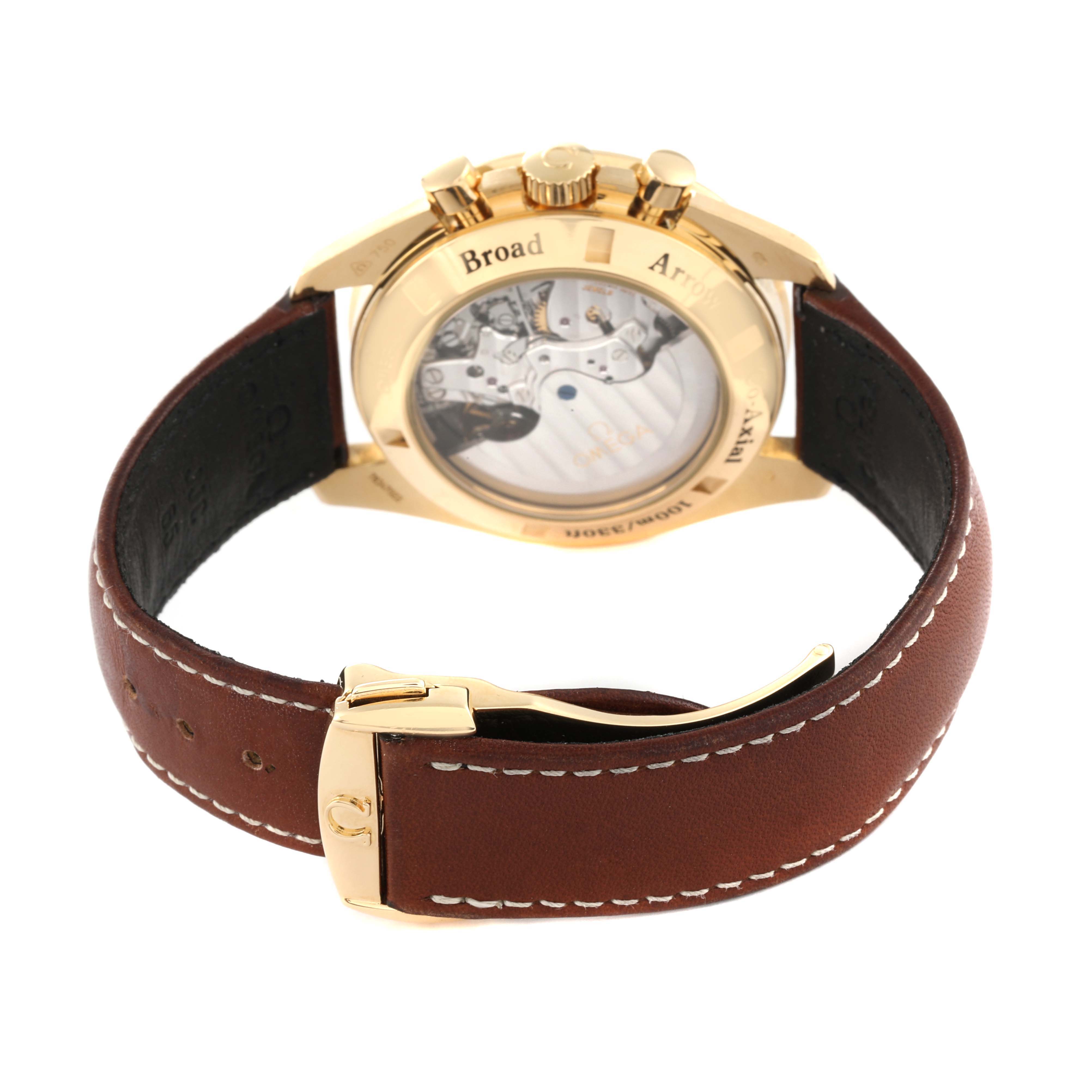 The image shows the back view of an Omega Speedmaster 321.53.42.50.02.001 Men's Yellow Gold Silver Dial 321.53.42.50.02.001 Men's Yellow Gold Silver Dial watch, highlighting its transparent case back and brown leather strap.