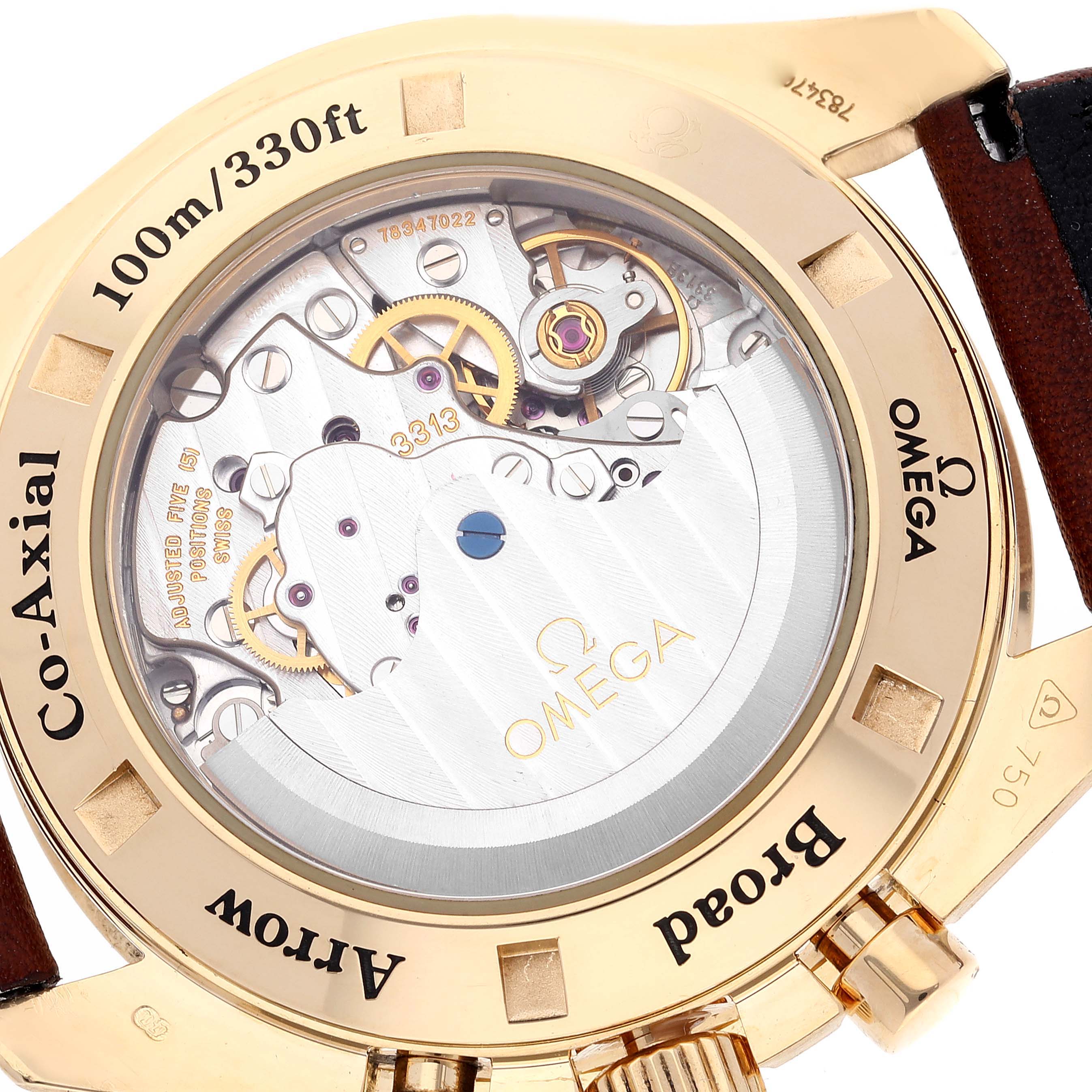 This image shows the back view of the Omega Speedmaster 321.53.42.50.02.001 Men's Yellow Gold Silver Dial 321.53.42.50.02.001 Men's Yellow Gold Silver Dial, showcasing its Co-Axial 3313 movement and intricate internal mechanics.