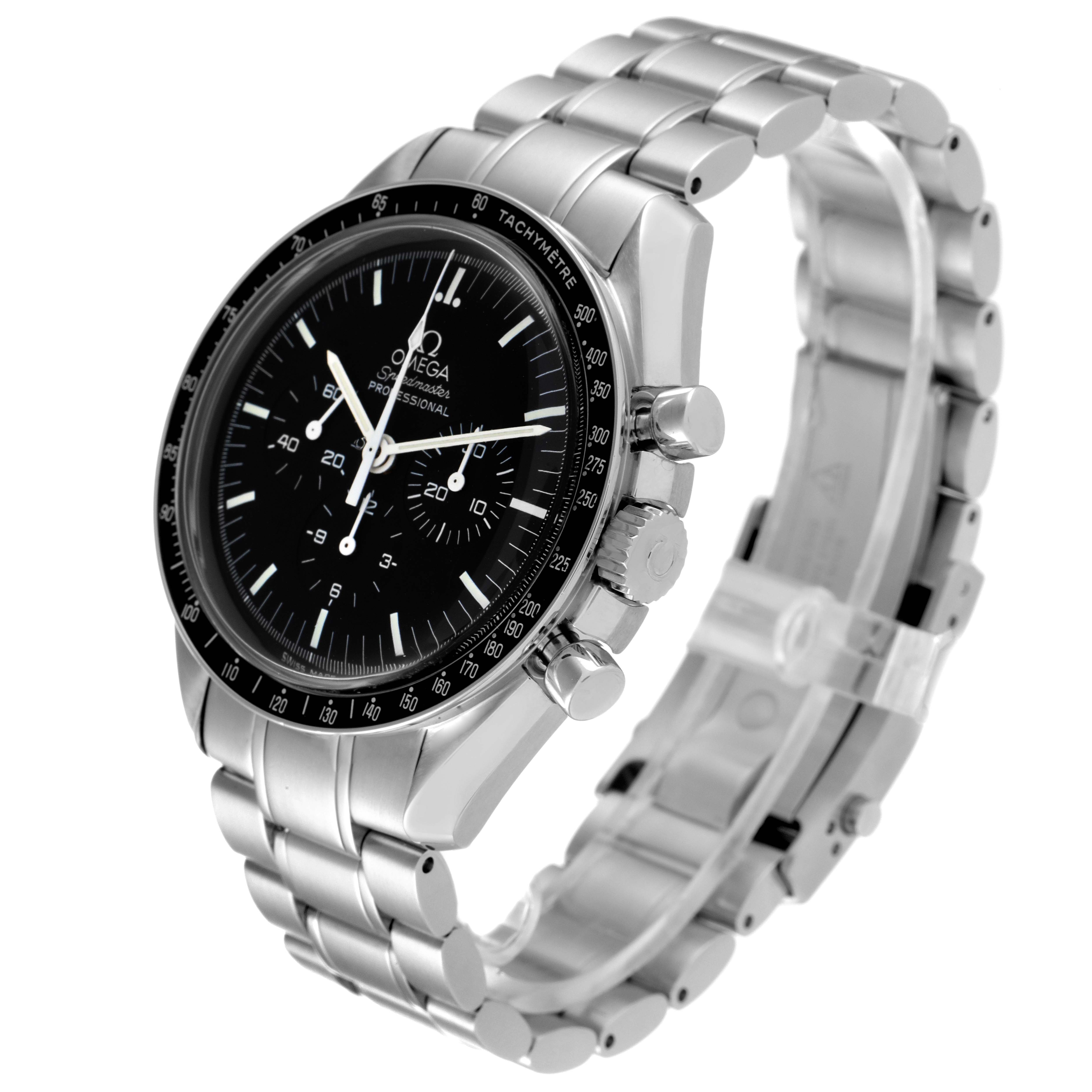 The image shows an angled view of the Omega Speedmaster 3570.50.00 Men's Stainless Steel Black Dial 3570.50.00 Men's Stainless Steel Black Dial watch, highlighting its black dial, tachymeter bezel, and metal bracelet.
