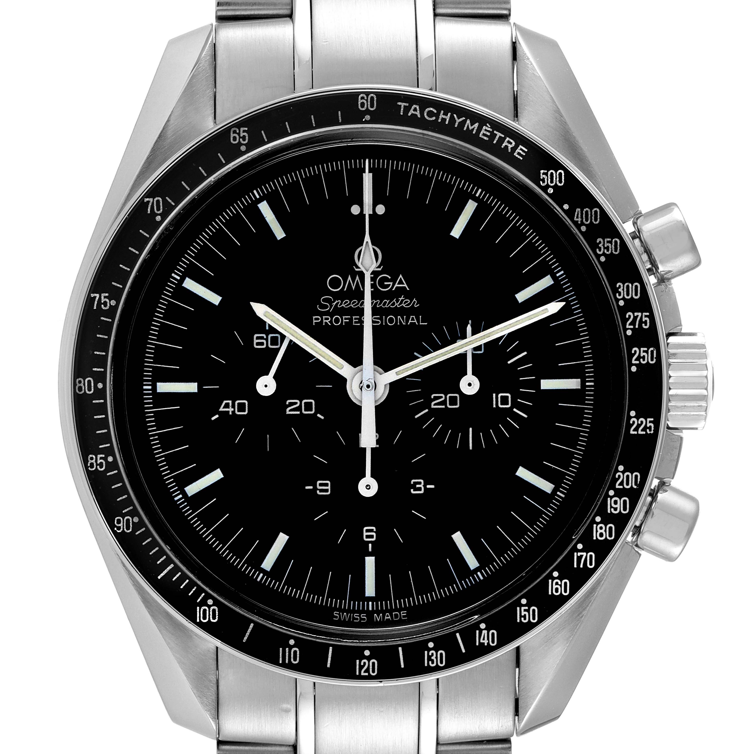 The image shows a front view of an Omega Speedmaster 3570.50.00 Men's Stainless Steel Black Dial 3570.50.00 Men's Stainless Steel Black Dial watch, displaying its tachymeter bezel, chronograph dials, and stainless steel bracelet.