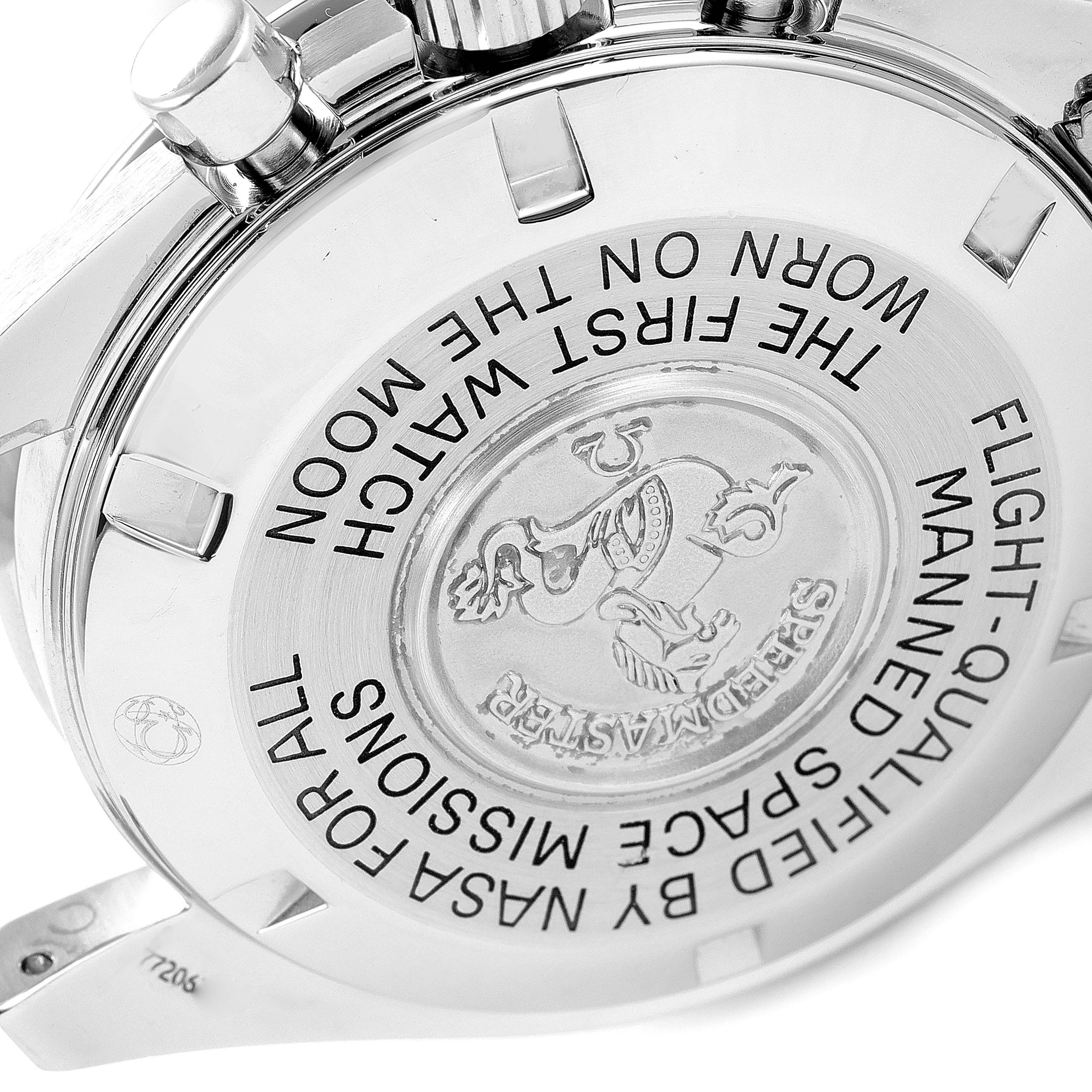 The image shows the case back of the Omega Speedmaster 3570.50.00 Men's Stainless Steel Black Dial 3570.50.00 Men's Stainless Steel Black Dial with engraved text and emblem detailing.