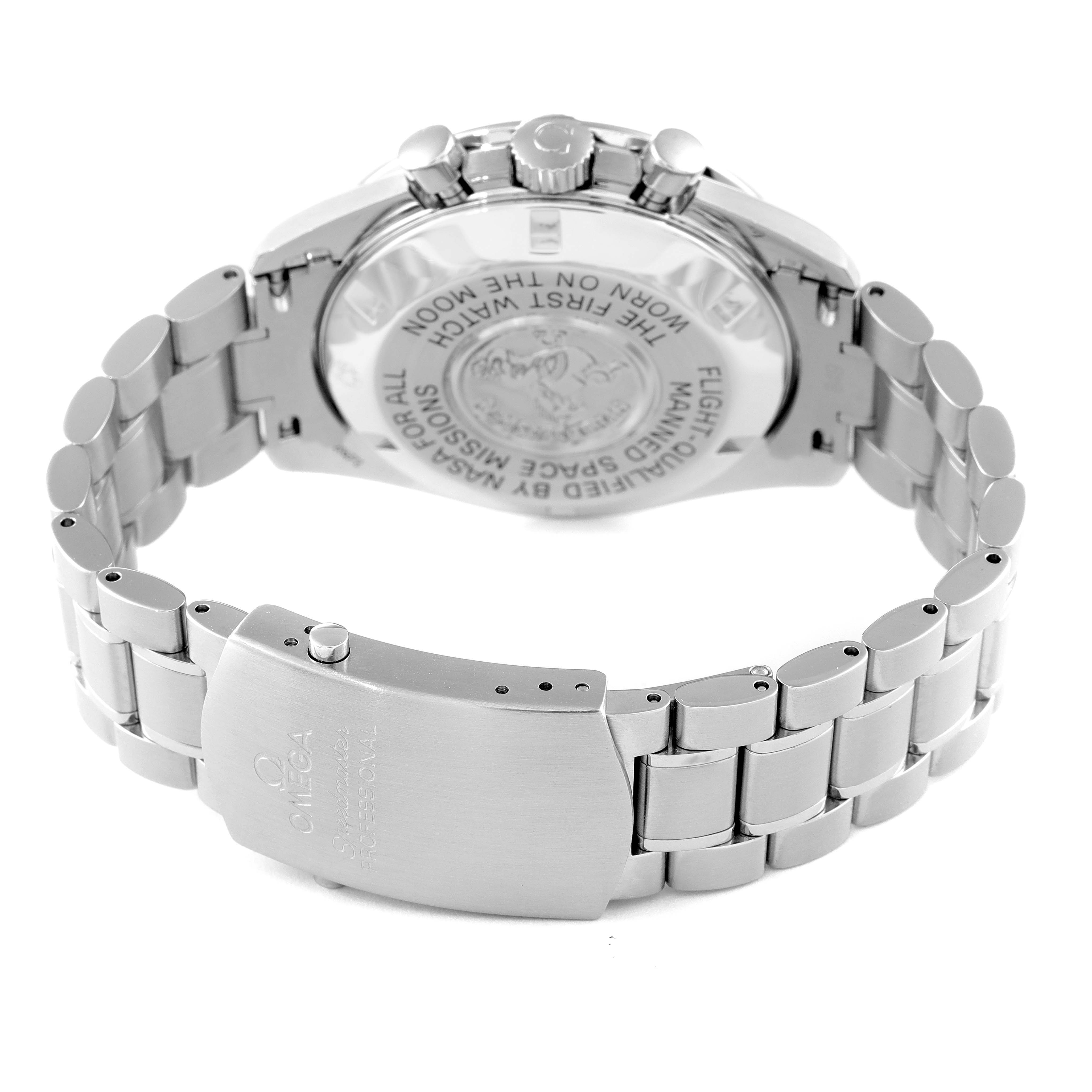 The image shows the Omega Speedmaster 3570.50.00 Men's Stainless Steel Black Dial 3570.50.00 Men's Stainless Steel Black Dial watch's clasp and case back at an angle emphasizing the bracelet and engraved details.