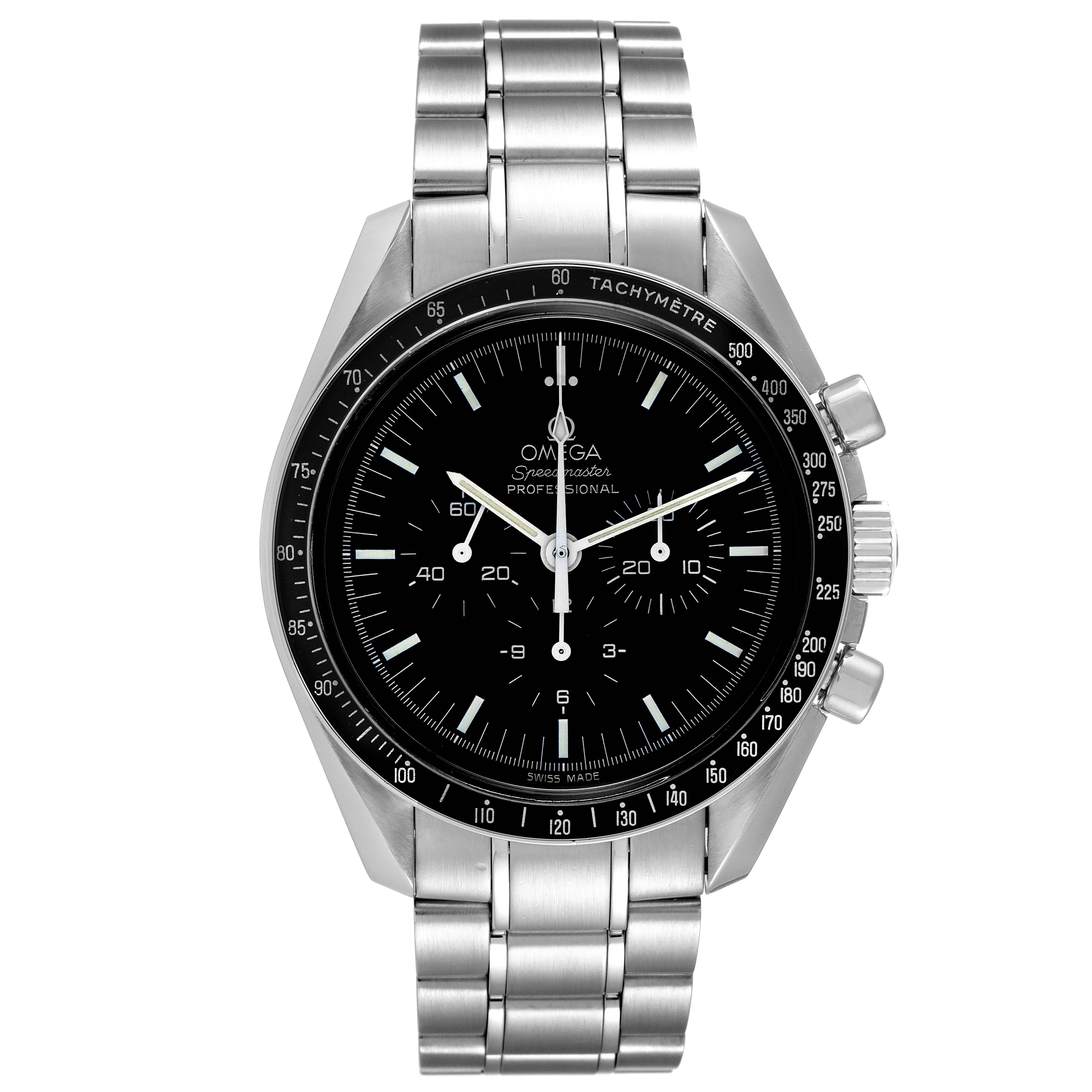 The Omega Speedmaster 3570.50.00 Men's Stainless Steel Black Dial 3570.50.00 Men's Stainless Steel Black Dial watch is shown from the front, displaying its bezel, dial, hands, chronograph subdials, and metal bracelet.