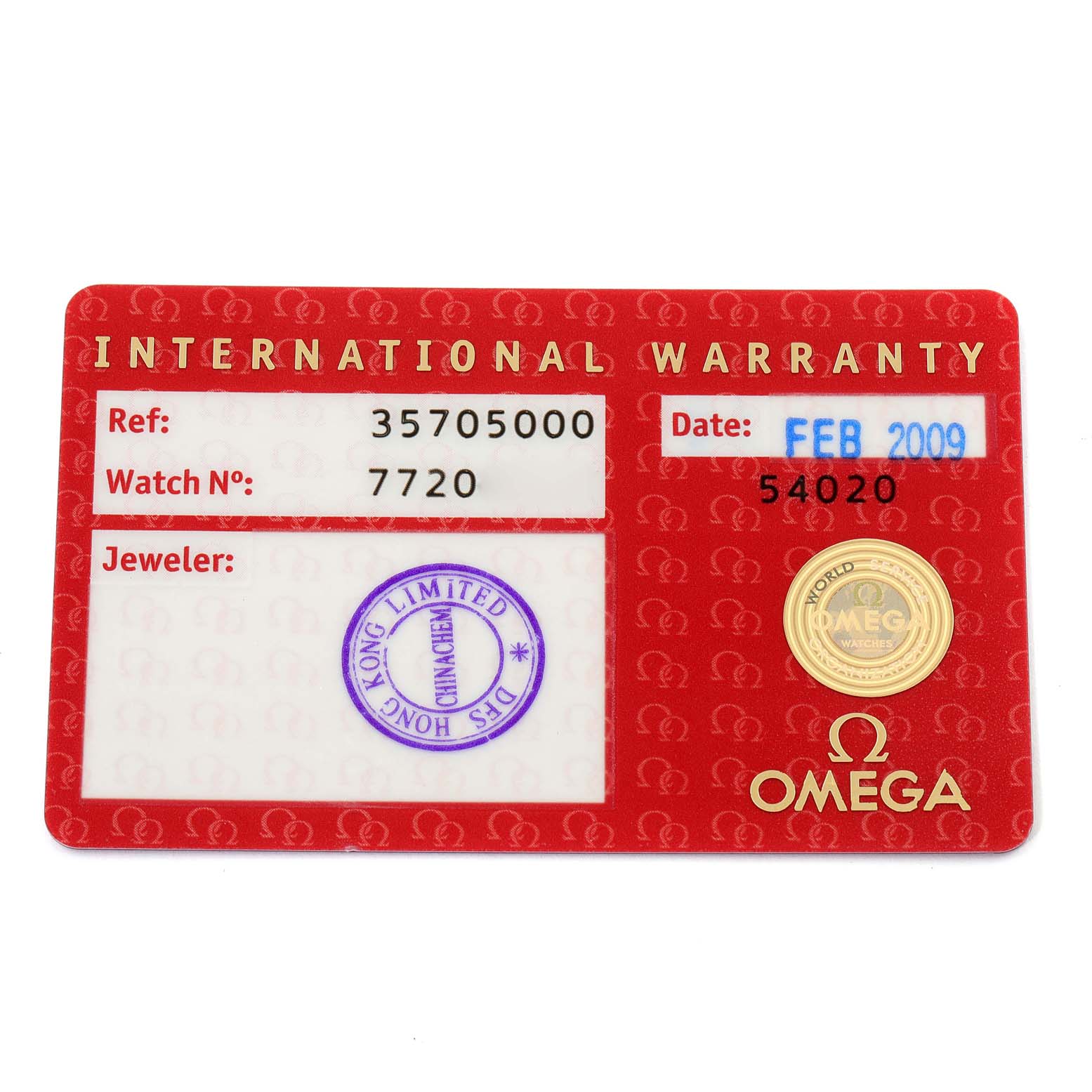 This image shows the international warranty card for the Omega Speedmaster 3570.50.00 Men's Stainless Steel Black Dial 3570.50.00 Men's Stainless Steel Black Dial watch model.