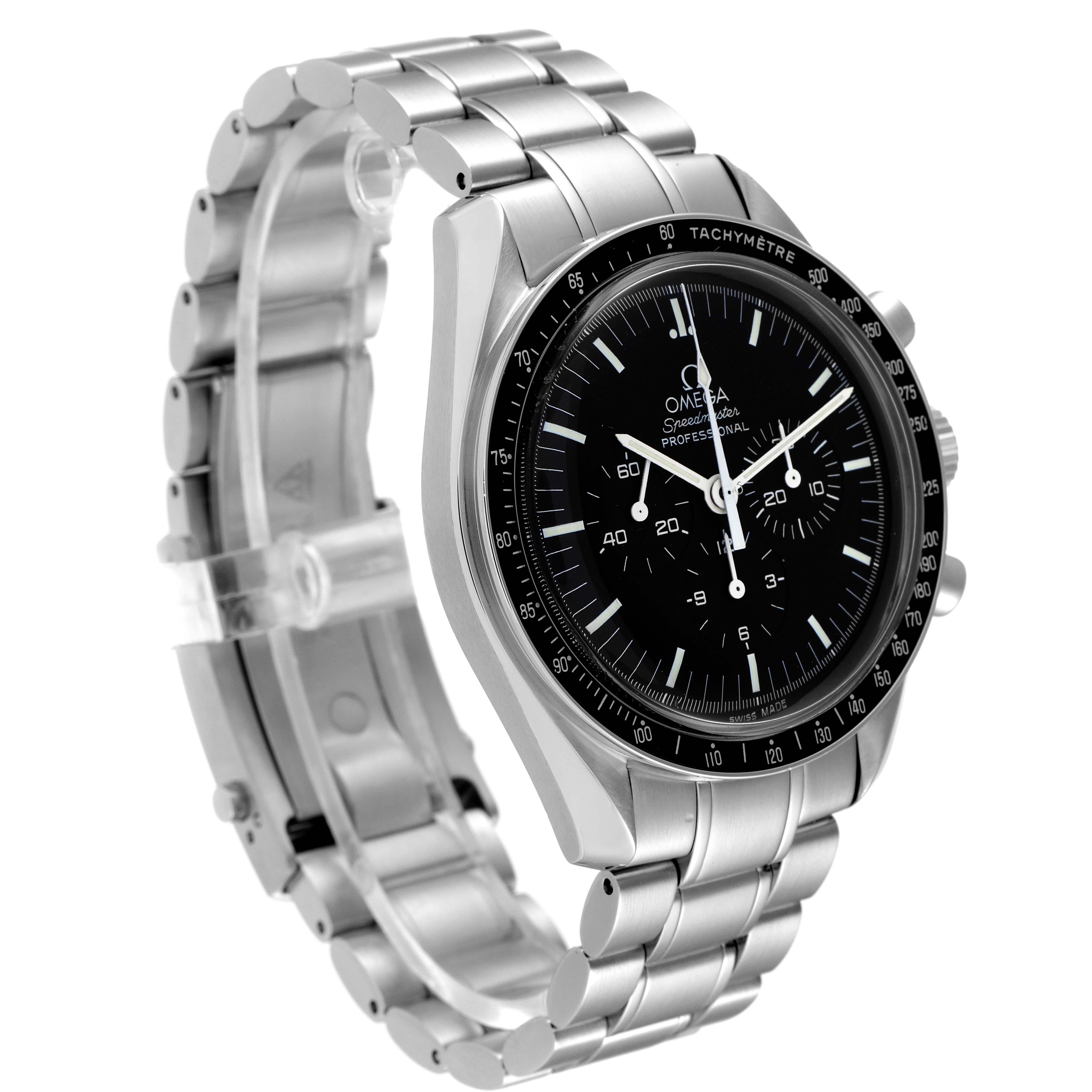 An Omega Speedmaster 3570.50.00 Men's Stainless Steel Black Dial 3570.50.00 Men's Stainless Steel Black Dial watch is shown from a front-side angle, displaying its face, bezel, and stainless steel bracelet.