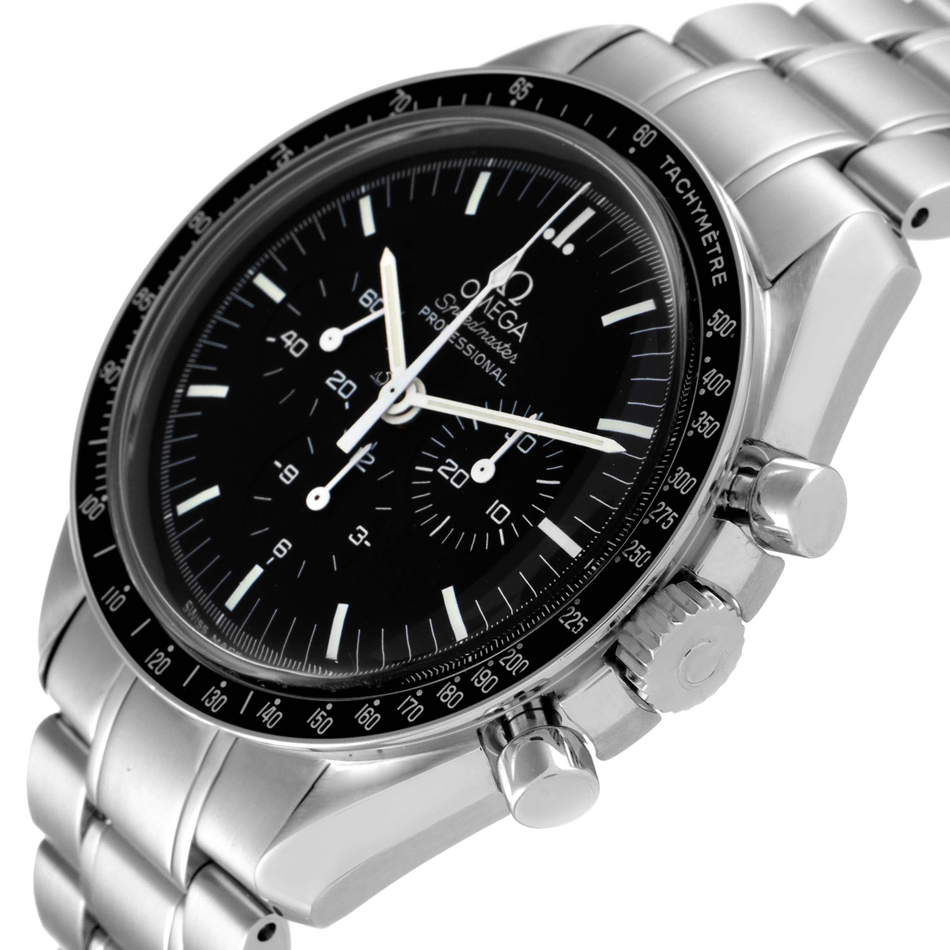 The Omega Speedmaster 3570.50.00 Men's Stainless Steel Black Dial 3570.50.00 Men's Stainless Steel Black Dial watch is shown at a slight angle, displaying the dial, tachymeter bezel, and part of the bracelet.