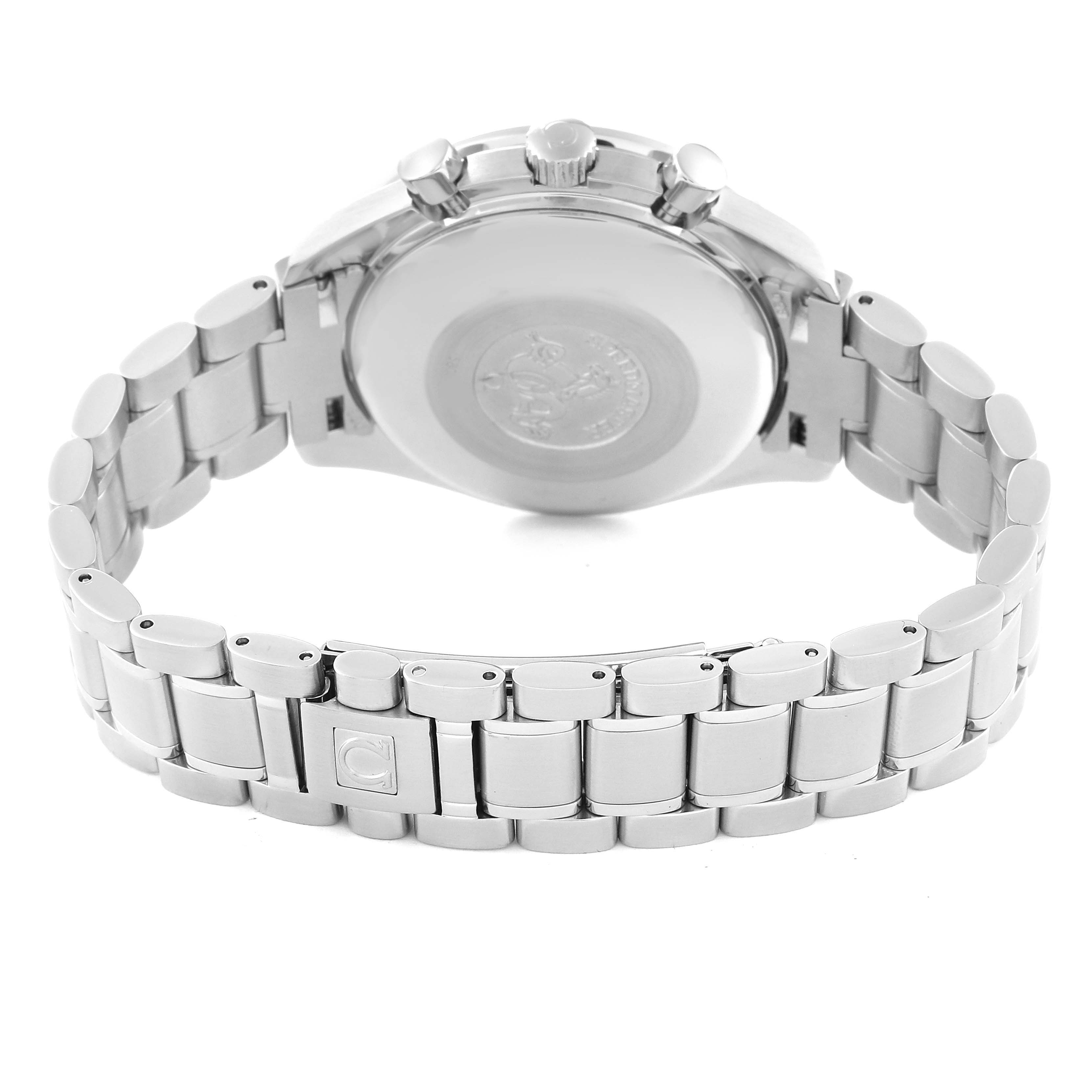 The image shows the back view and the stainless steel bracelet of an Omega Speedmaster 3513.50.00 Men
s Stainless Steel Black Dial 3513.50.00 Men
s Stainless Steel Black Dial watch.